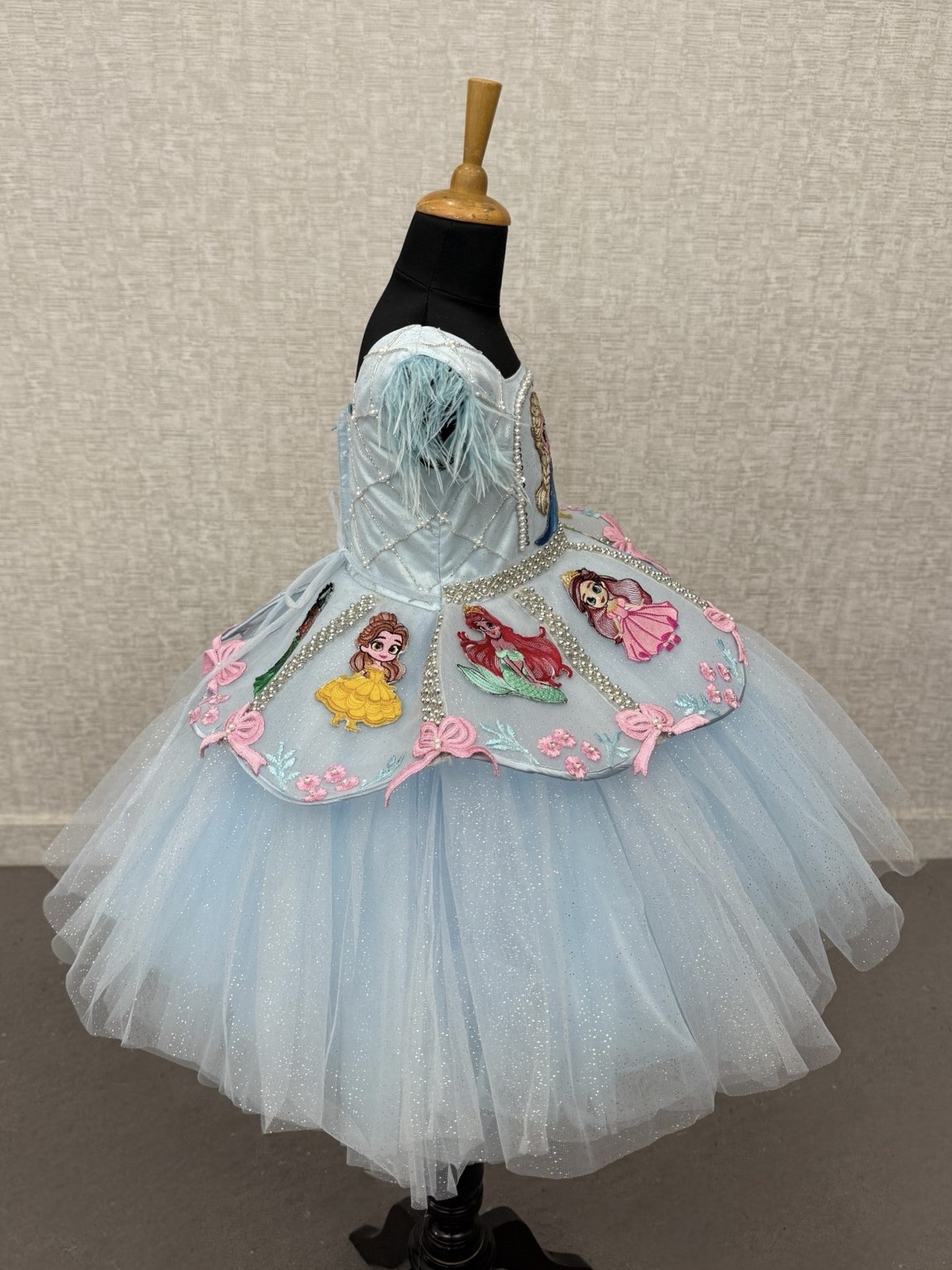 Icy Blue Fairy tale Princess Dream Feather-Trim Designer Ball Gown