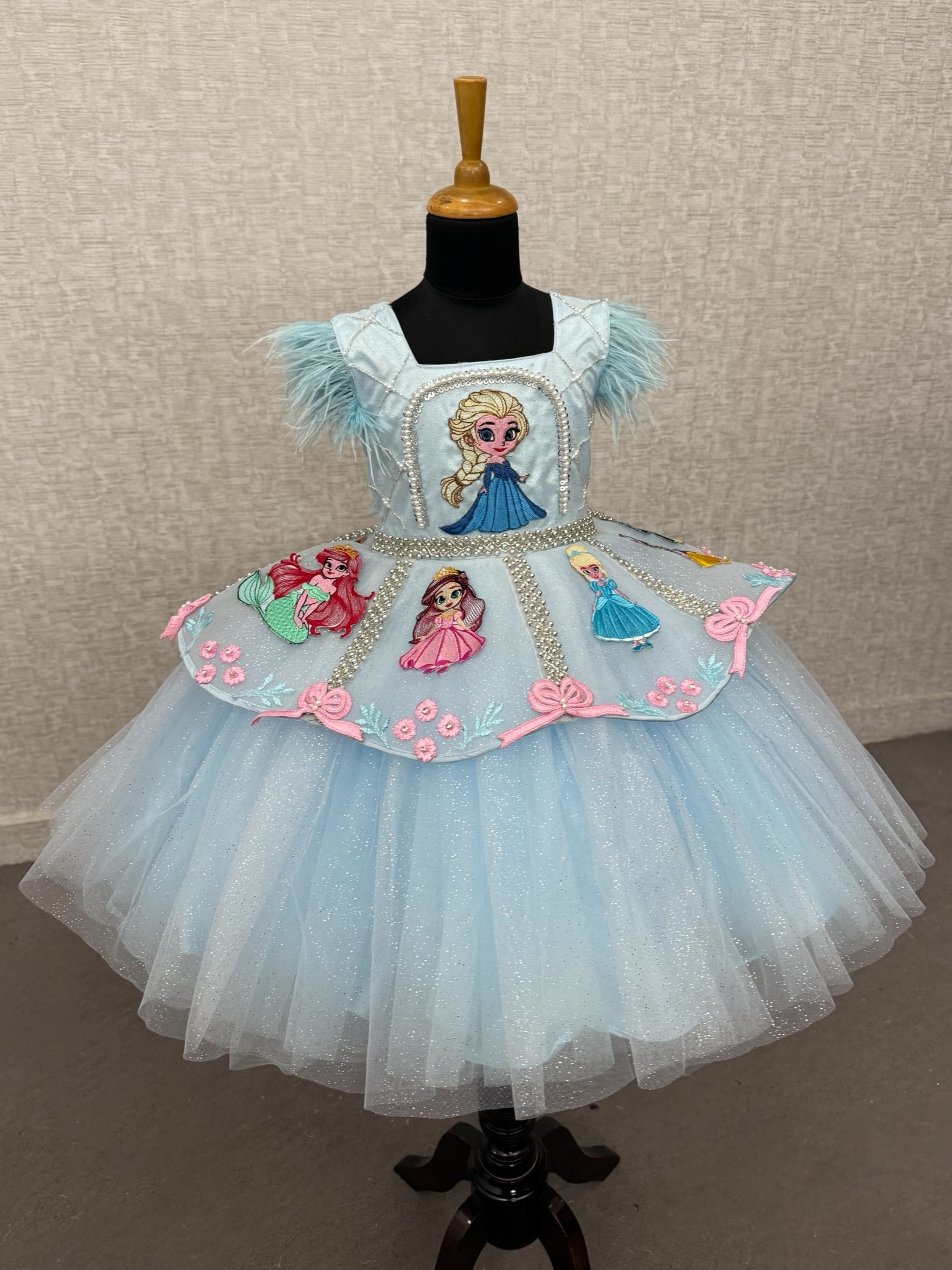 Icy Blue Fairy tale Princess Dream Feather-Trim Designer Ball Gown