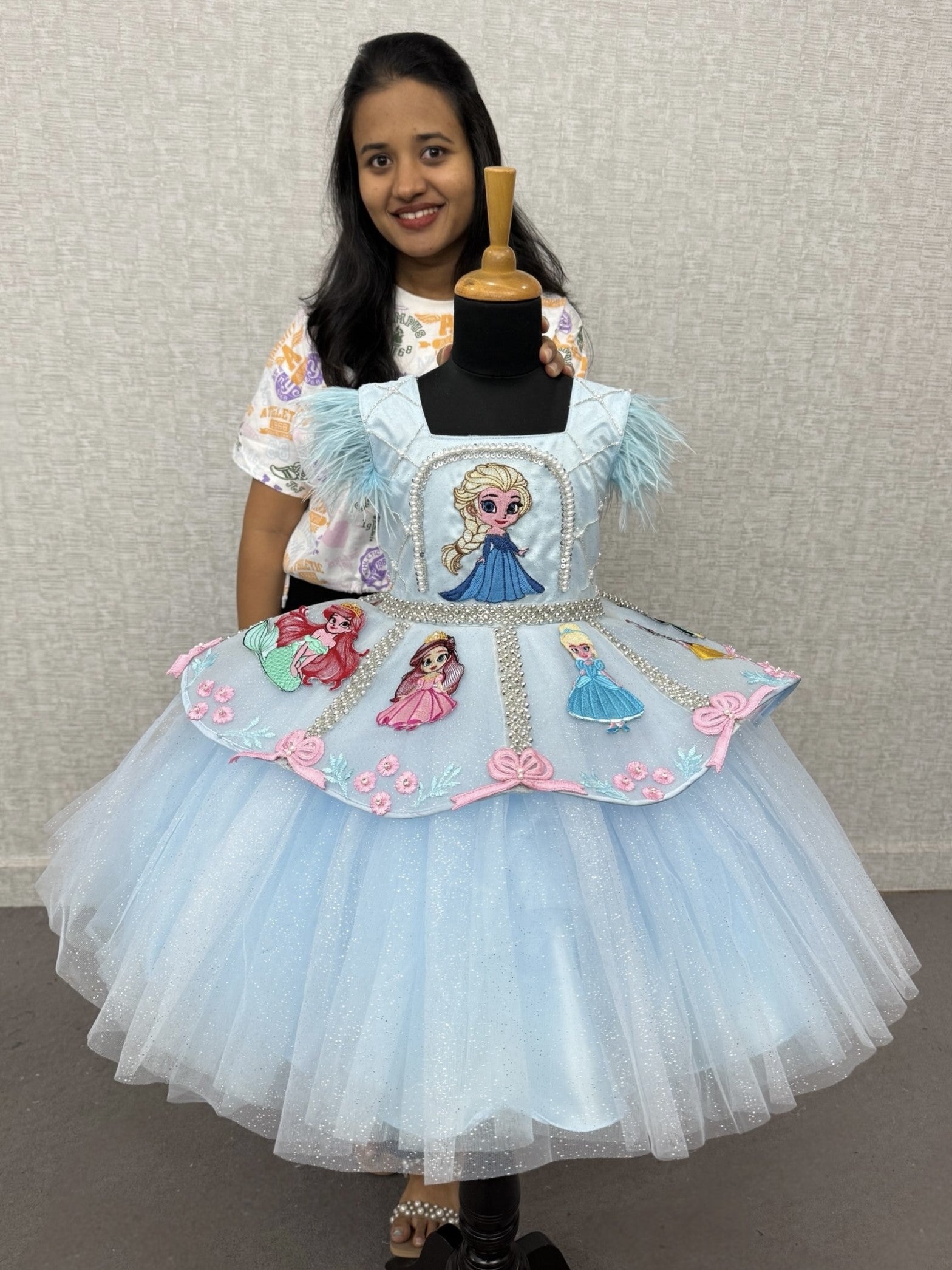 Icy Blue Fairy tale Princess Dream Feather-Trim Designer Ball Gown