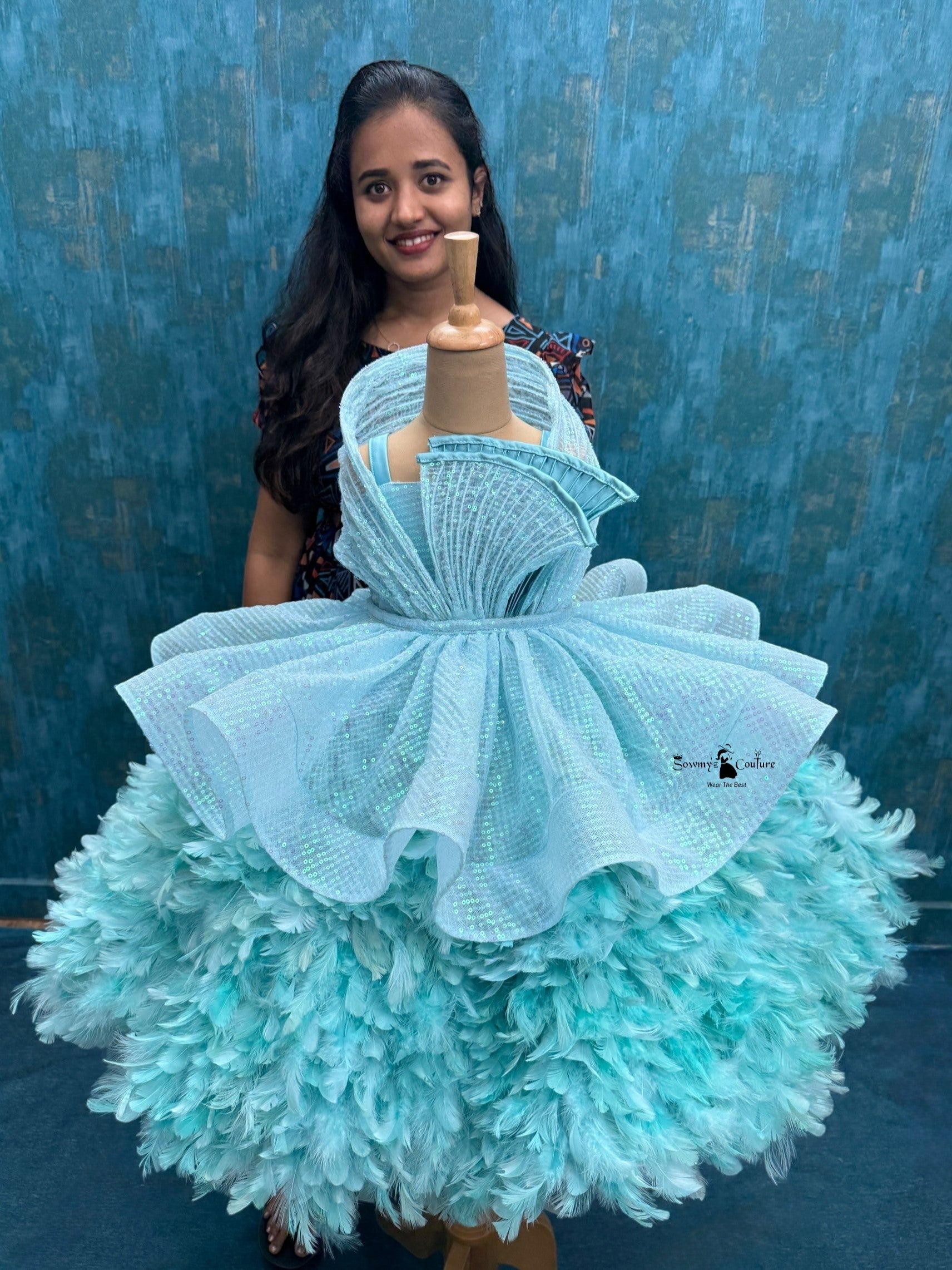 Aqua Mist Feather-Structured Sequin Layered Princess Ball Gown