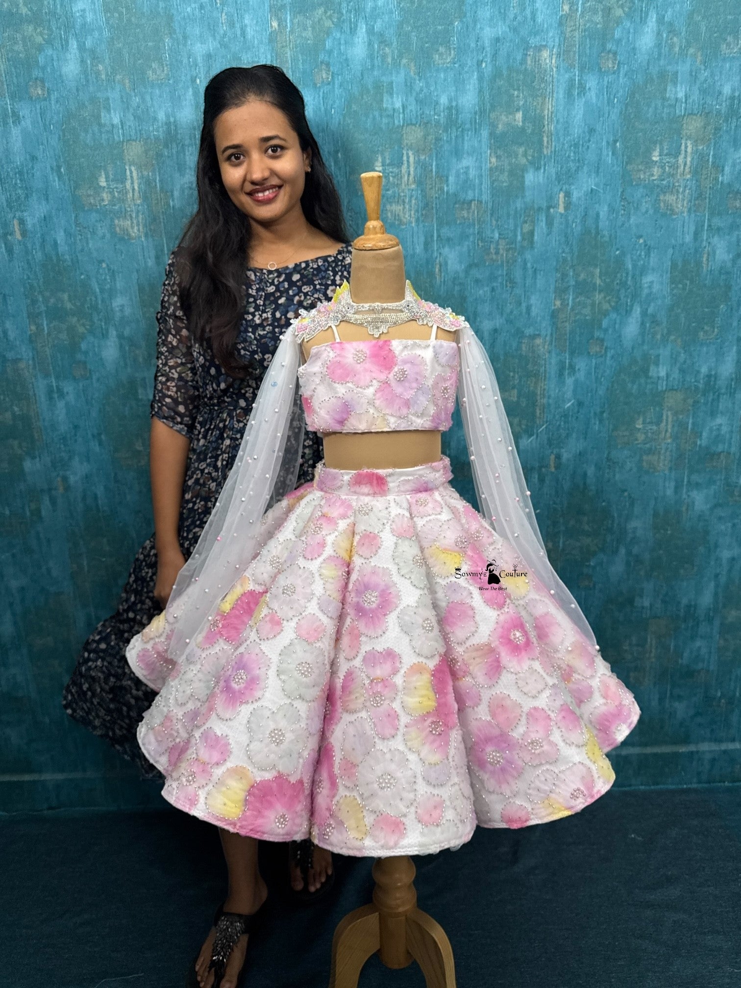 white and multicolour floral panel lehenga with hand work duppatta