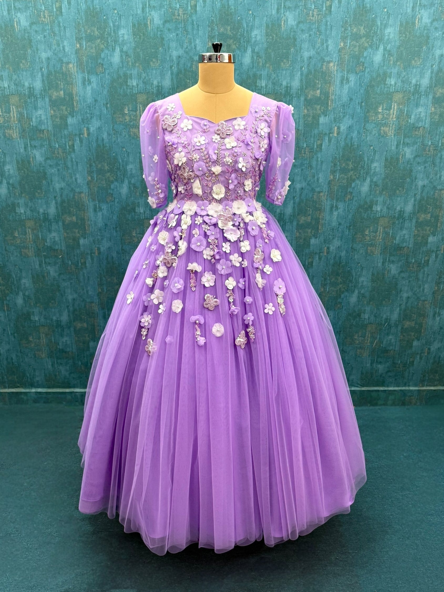 Lavender Floral Ball Gown with Intricate Hand work