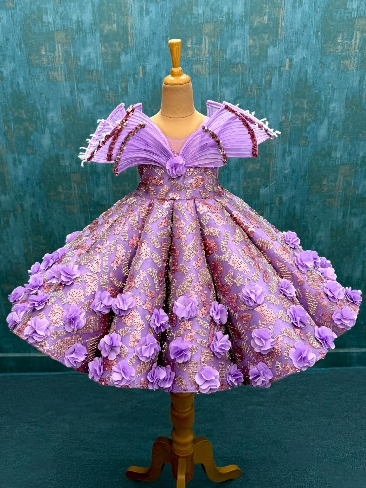 Lavender and Pink Structure Panel Ball Gown With 3D Flowers