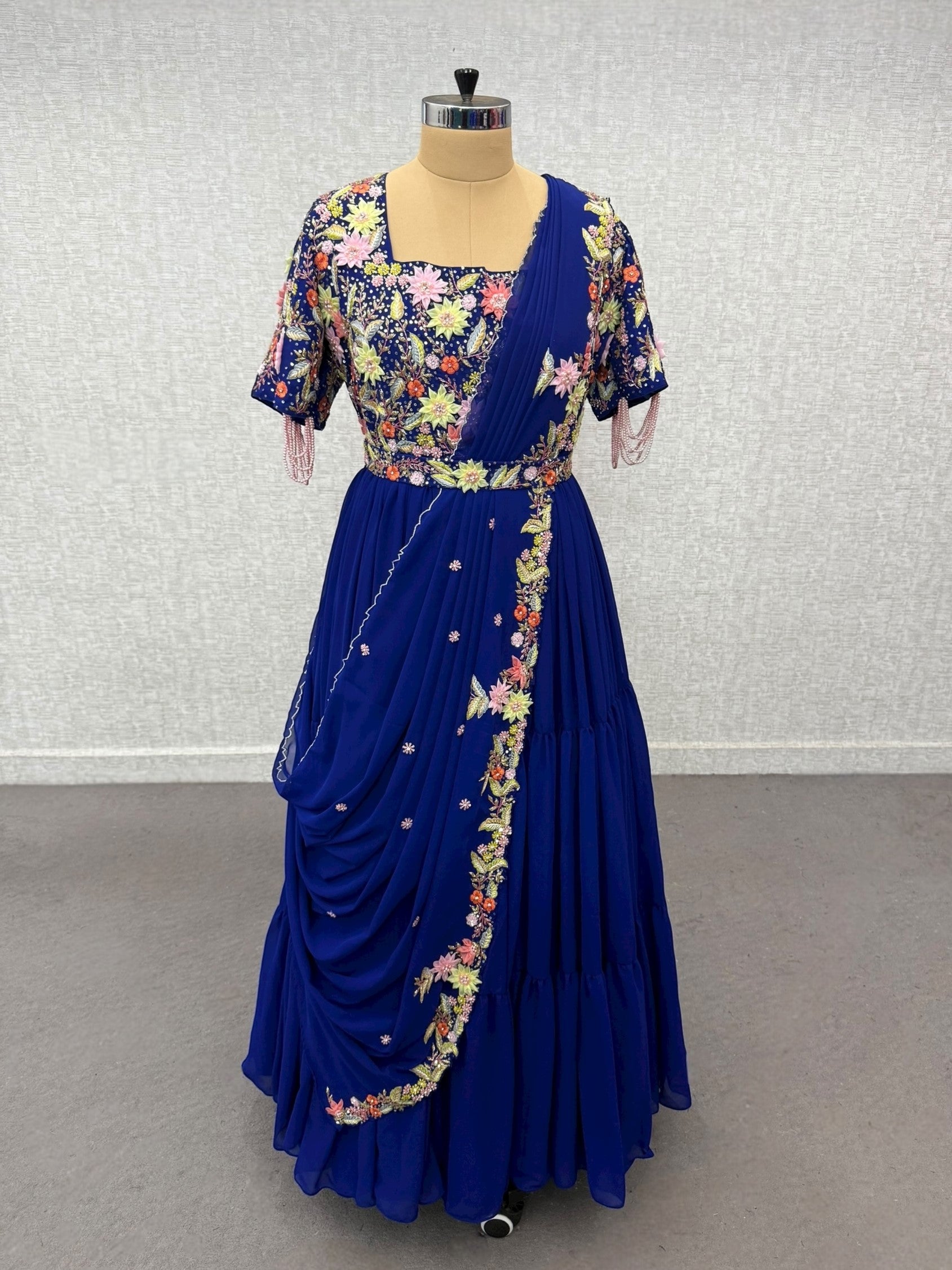 Multi Colour Floral 3D Embroidered Saree Gown With attached Duppatta and Waist Belt