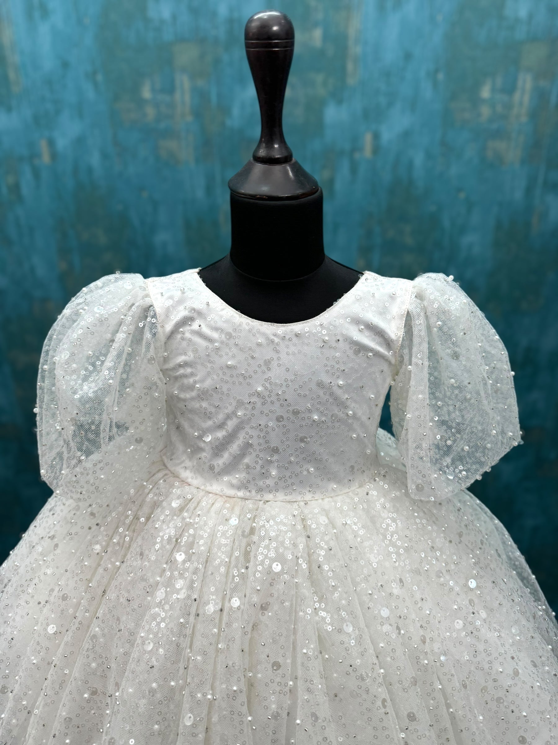 White Sequin Gown With Loose Puff Sleeves