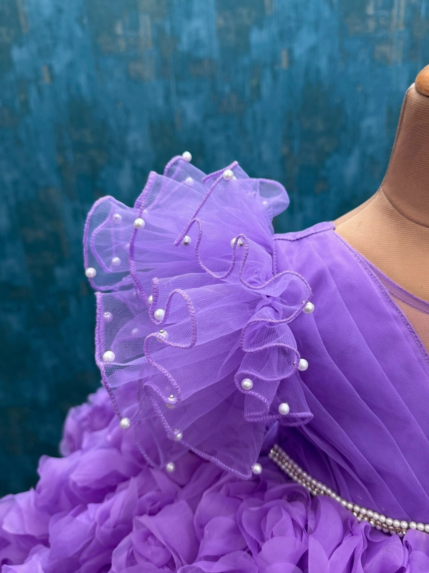 Lavender Rosalina Ball Gown With Draped Top And Ruffle Sleeves