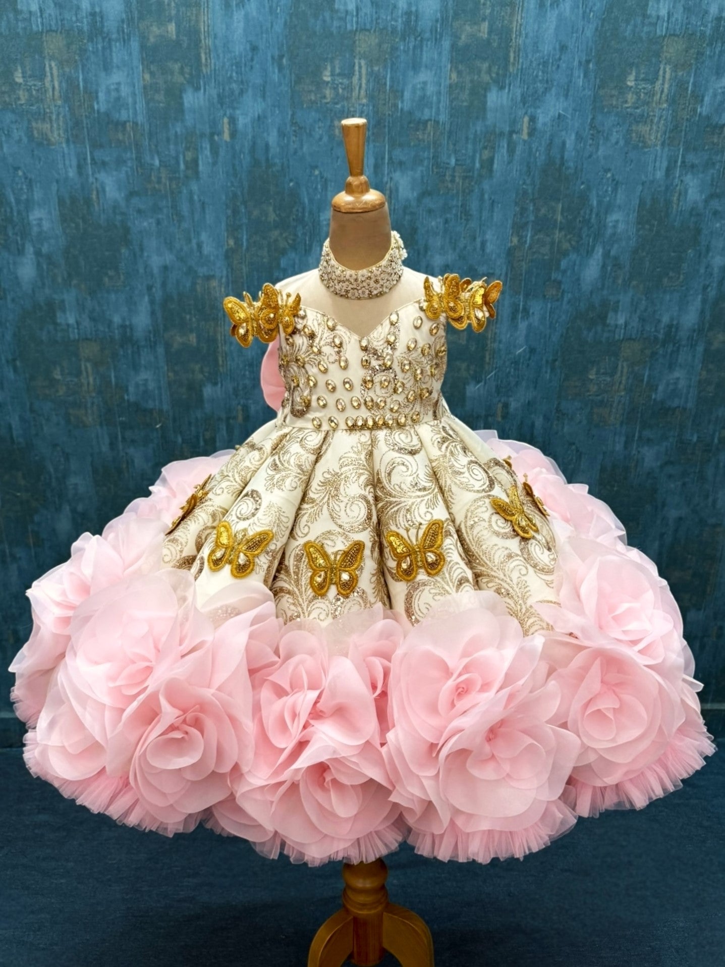 Dreamy Golden Rosette Majesty panel Gown with 3d butterfly