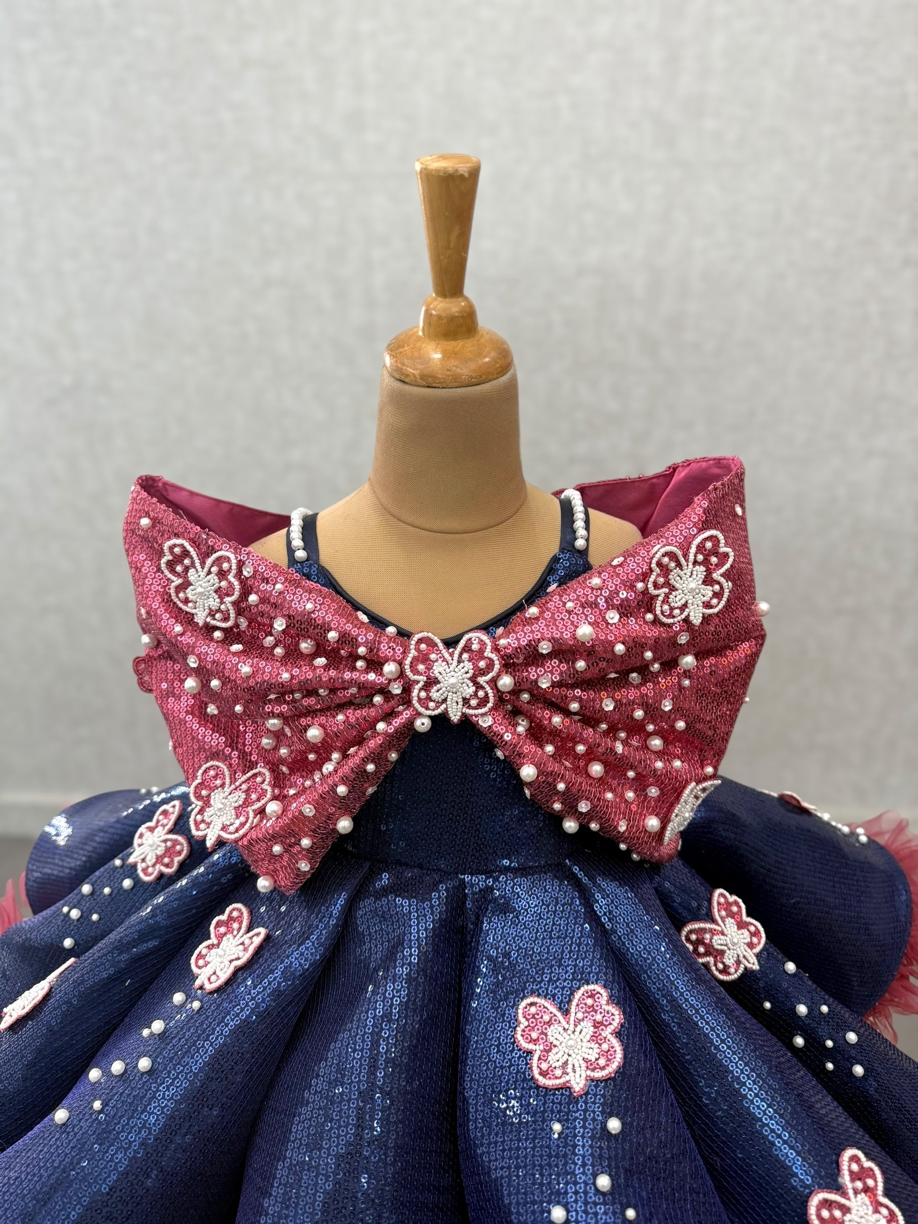 Blue and Plum Ruffle Panel Gown Embossing Bow Top