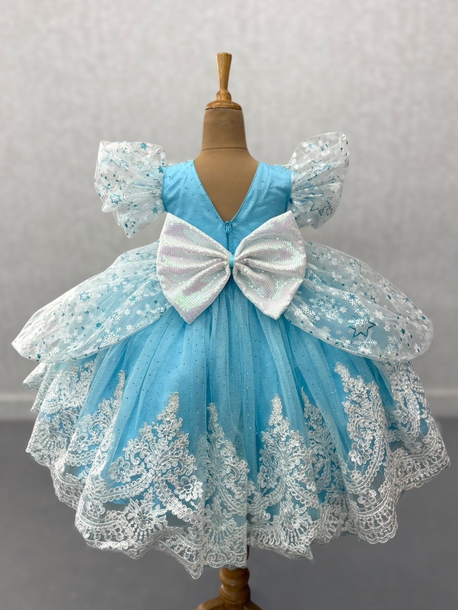 White and Blue Disney Ball Gown With Snowflakes