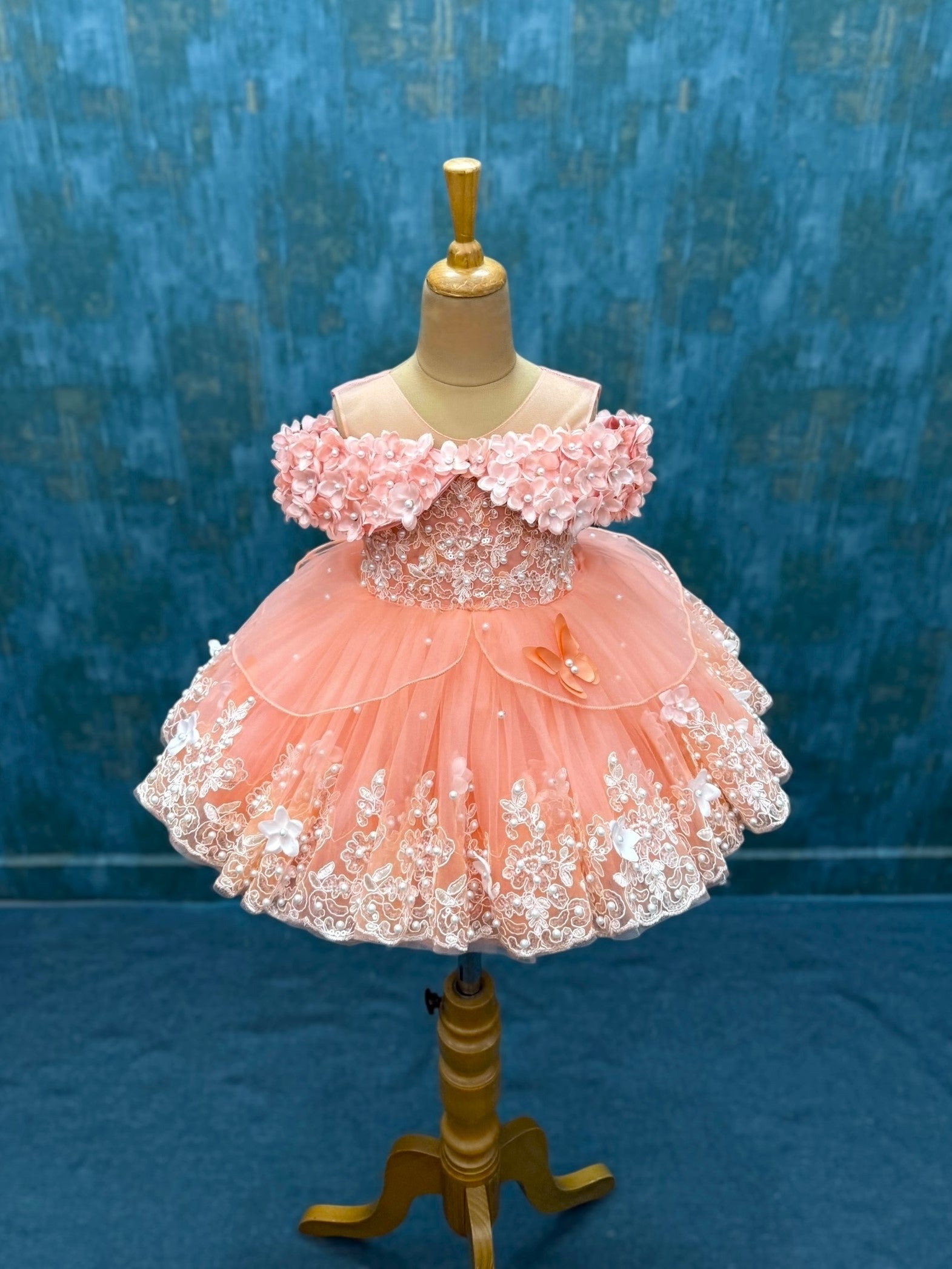 Dreamy peach Lace And Pearl Ball Gown