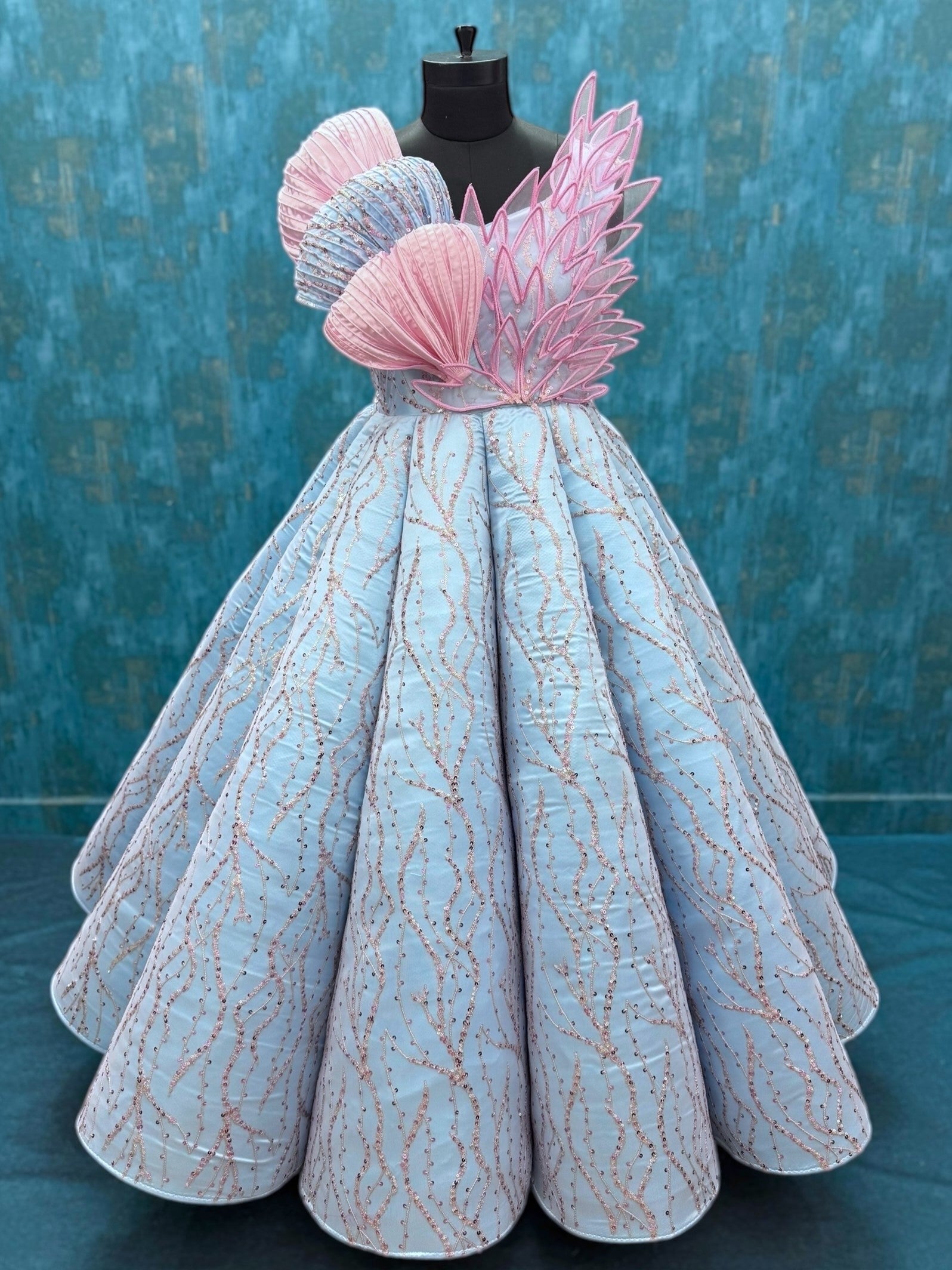 Baby Blue Structured Panel Ball Gown with Embossing Bows and Hand Embroidered Petals