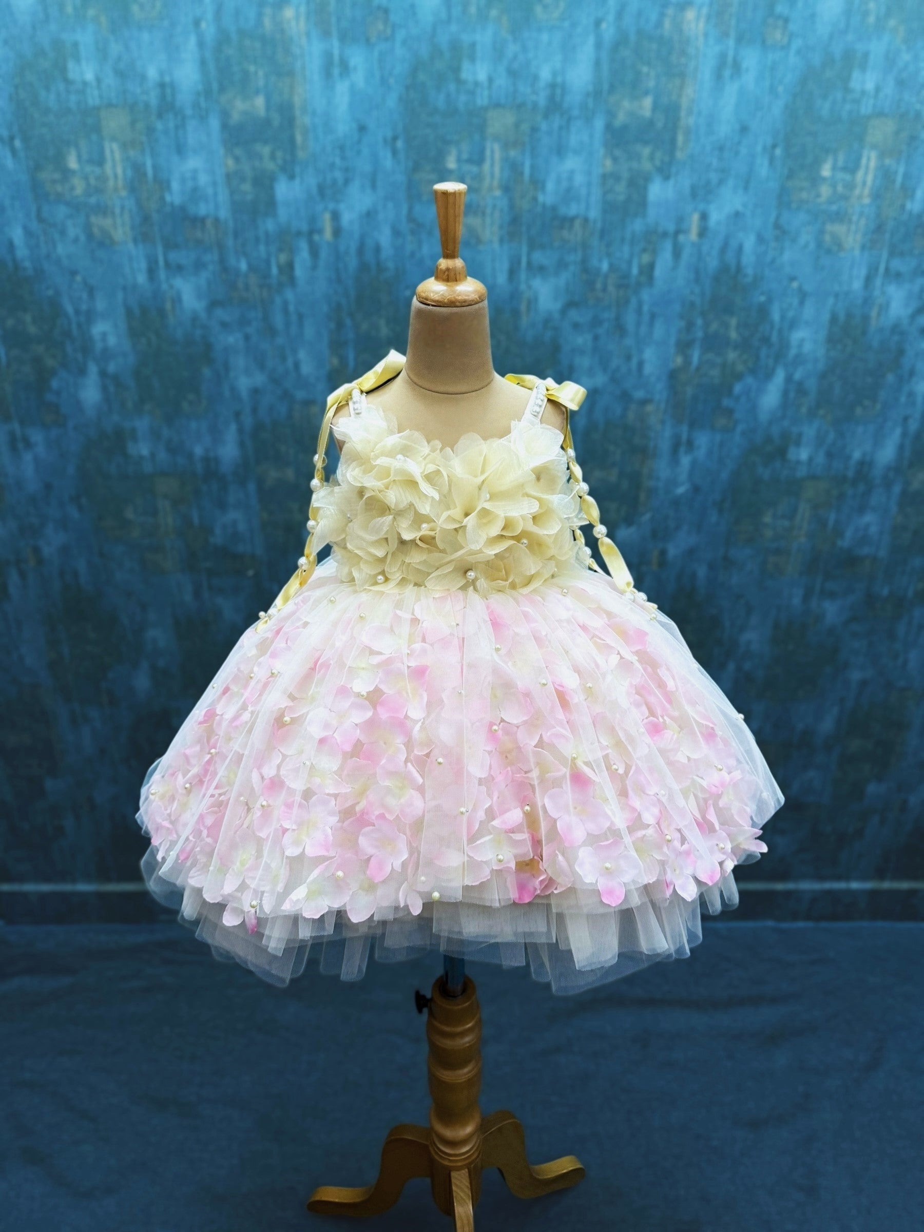 Buttercream high low Bloom Dress with 3d flowers