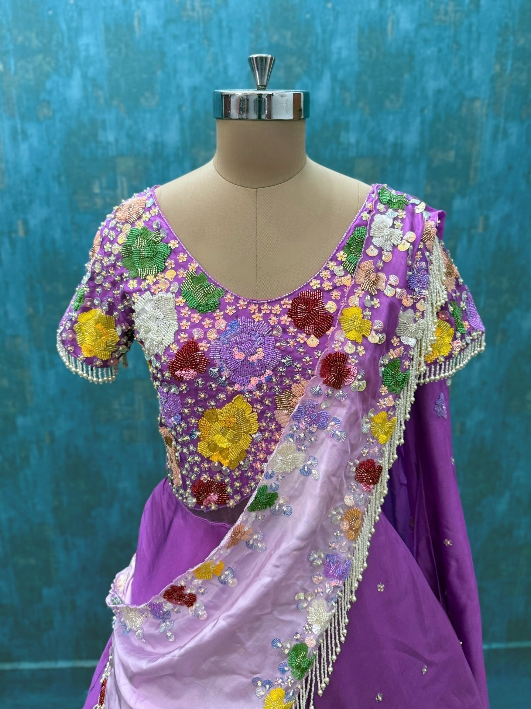 Multi colour Hand embroidered Saree gown with Attached Duppatta