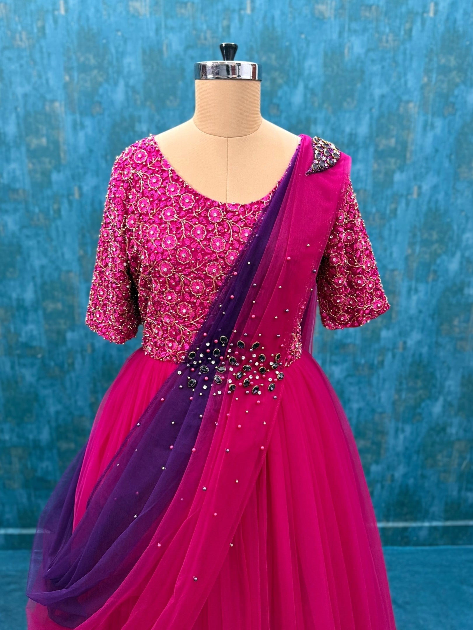 Pink and Purple Draped Dupatta and Intricate Hand work