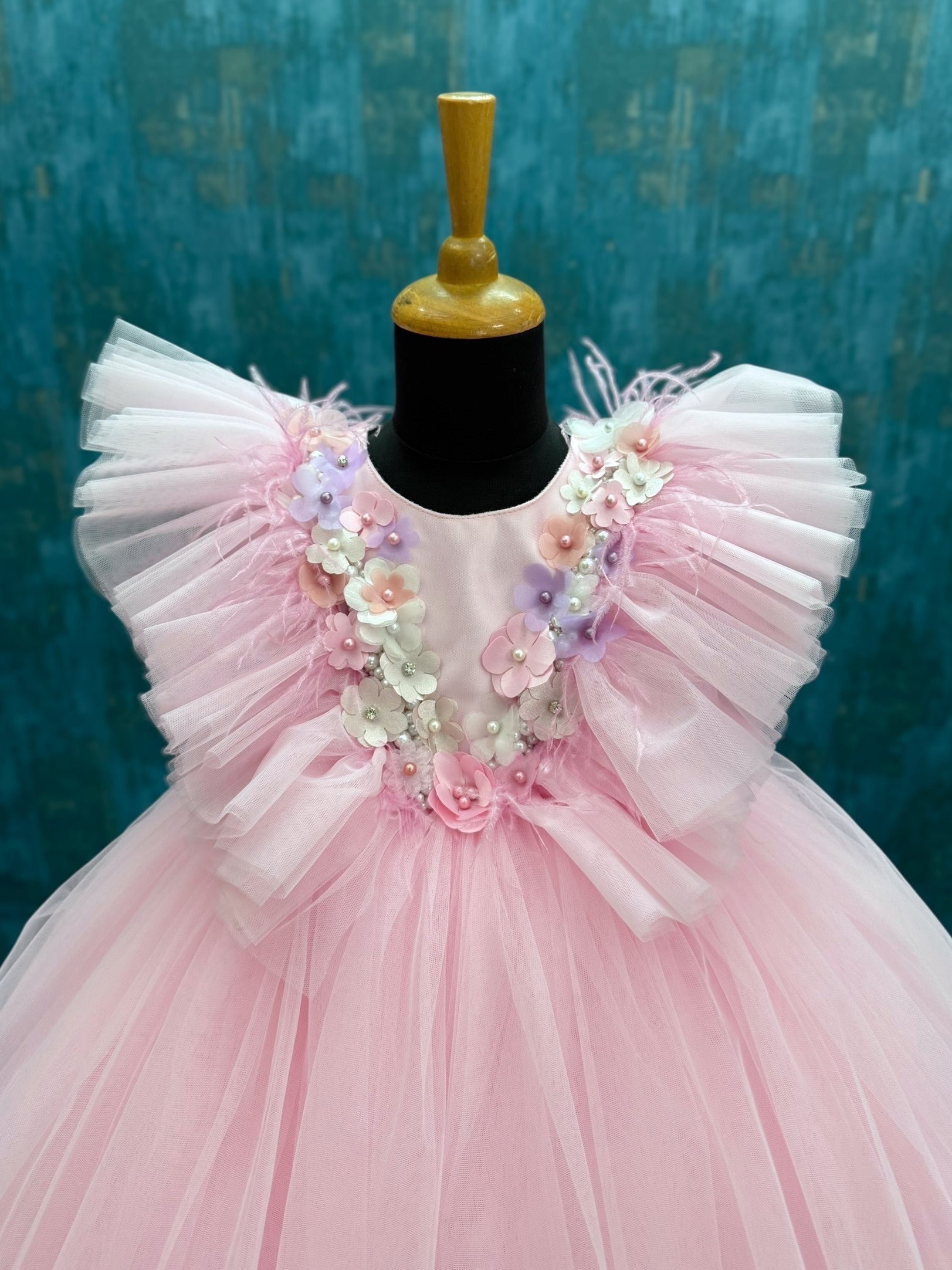 Soft Bloom pink floral gown with ruffle bodice sleeves