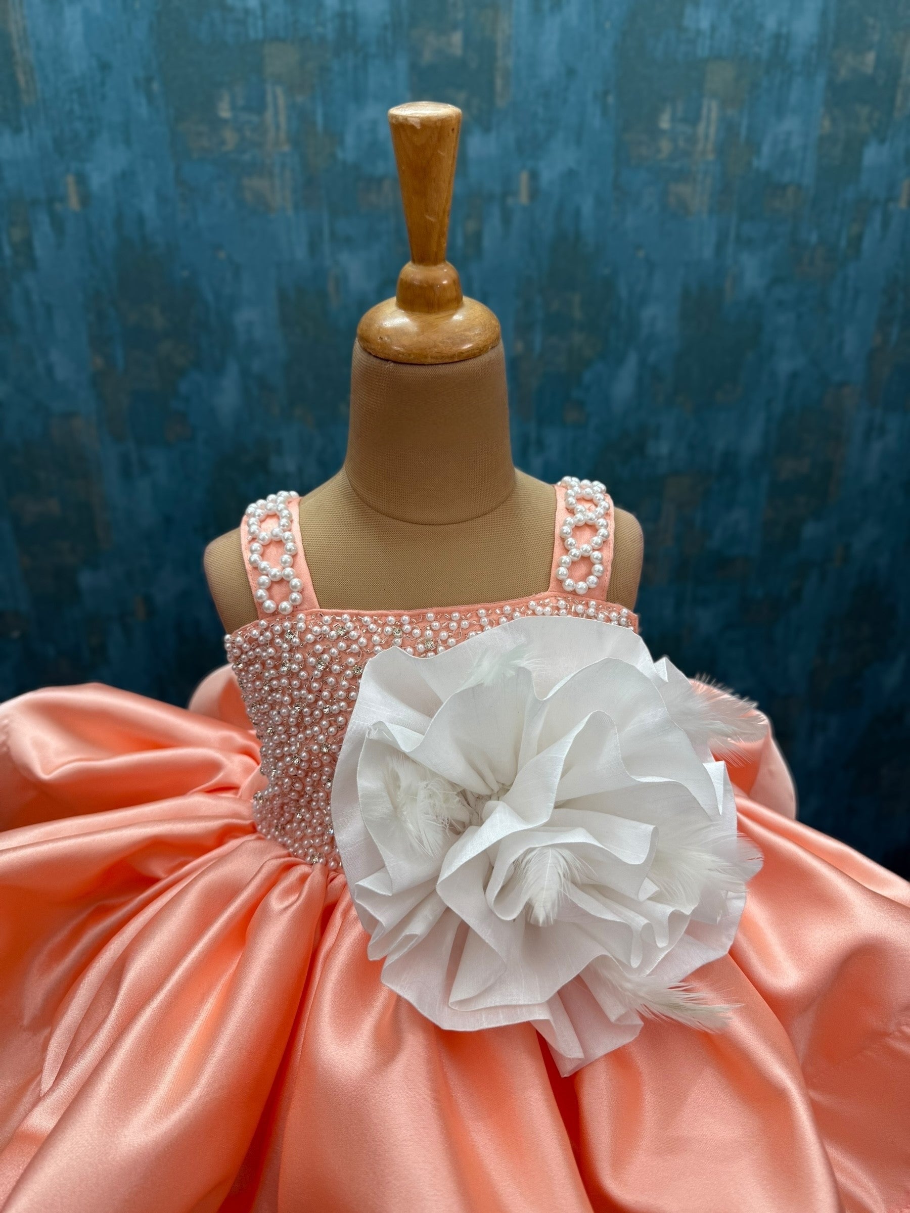 peach satin dress with pearl strap and pearl embroidered top