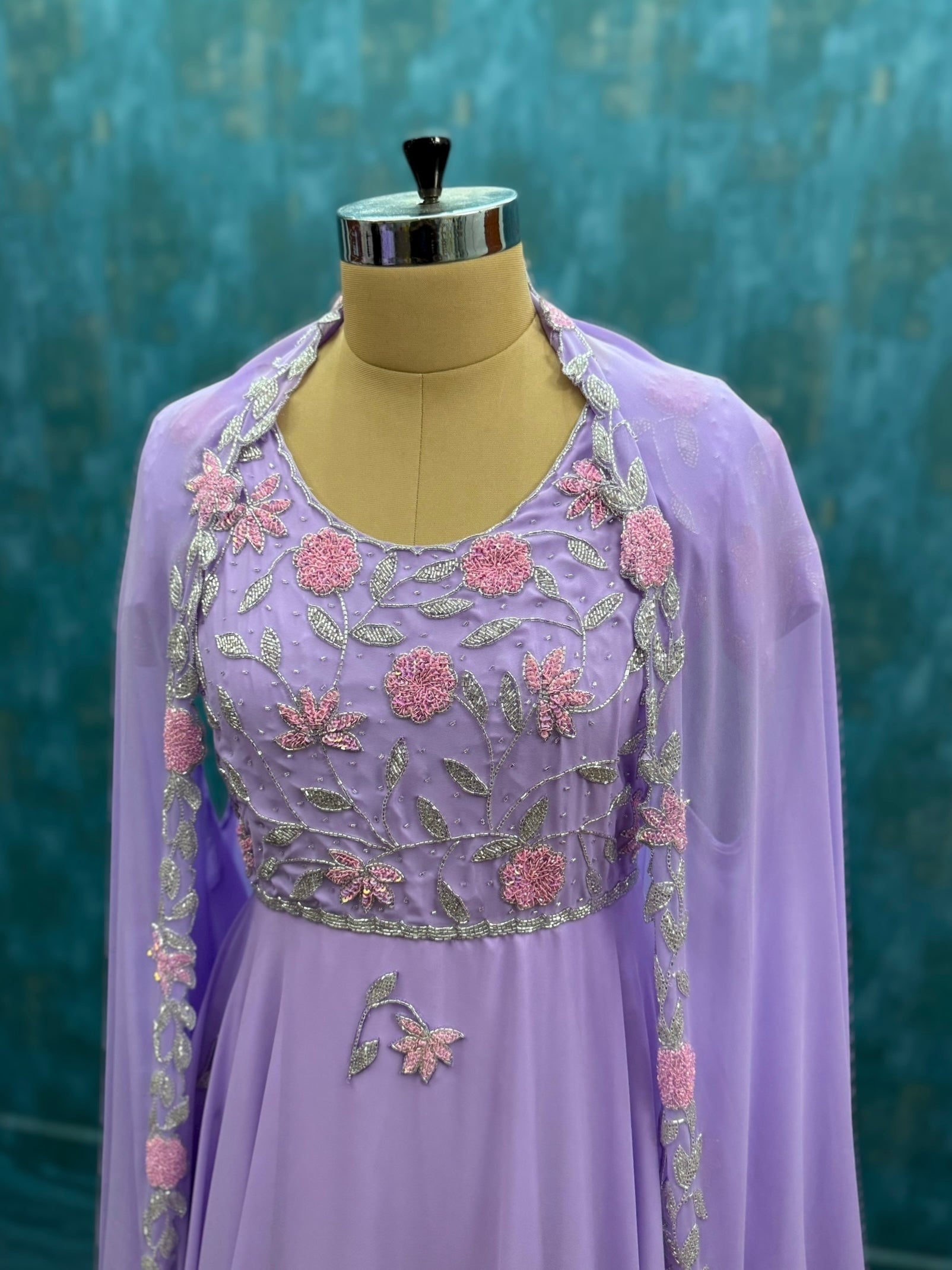 Lilac Hand Embroidery Floral Gown With Dupatta