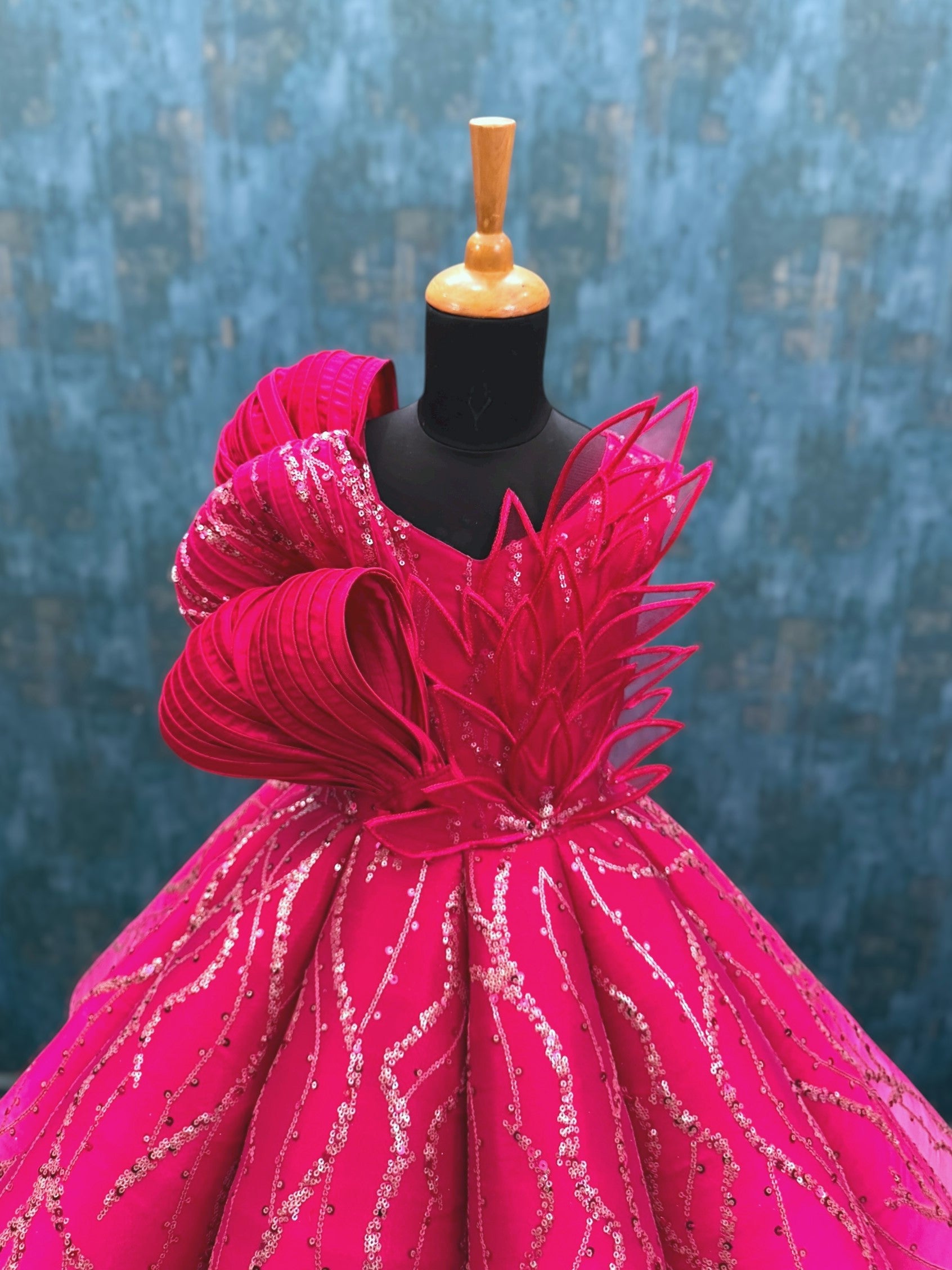 pink ombre Structured Panel Ball Gown with Embossing Bows and Hand Embroidered Petals