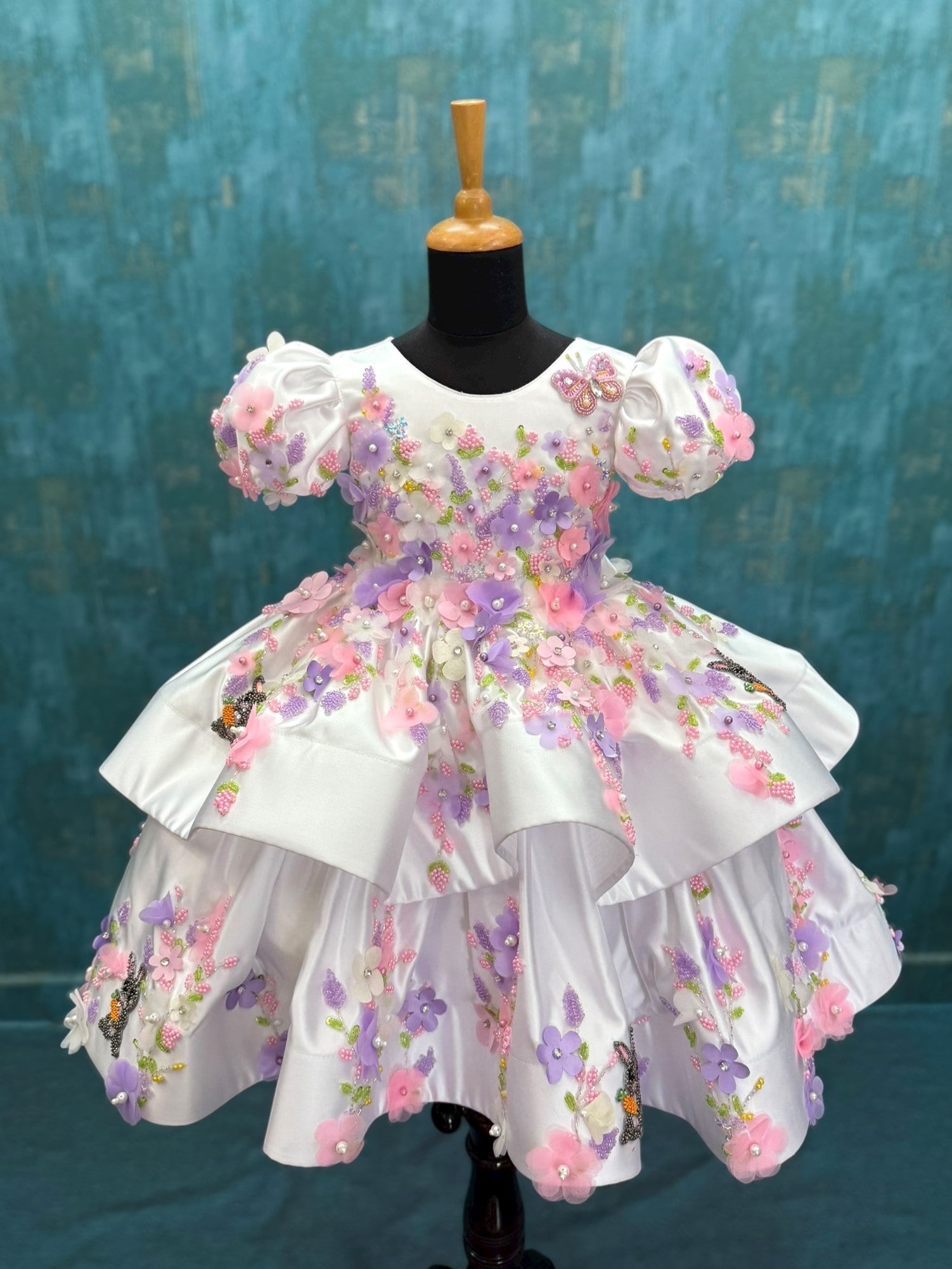 white Floral Fantasy high low layer gown with intricate embroidery