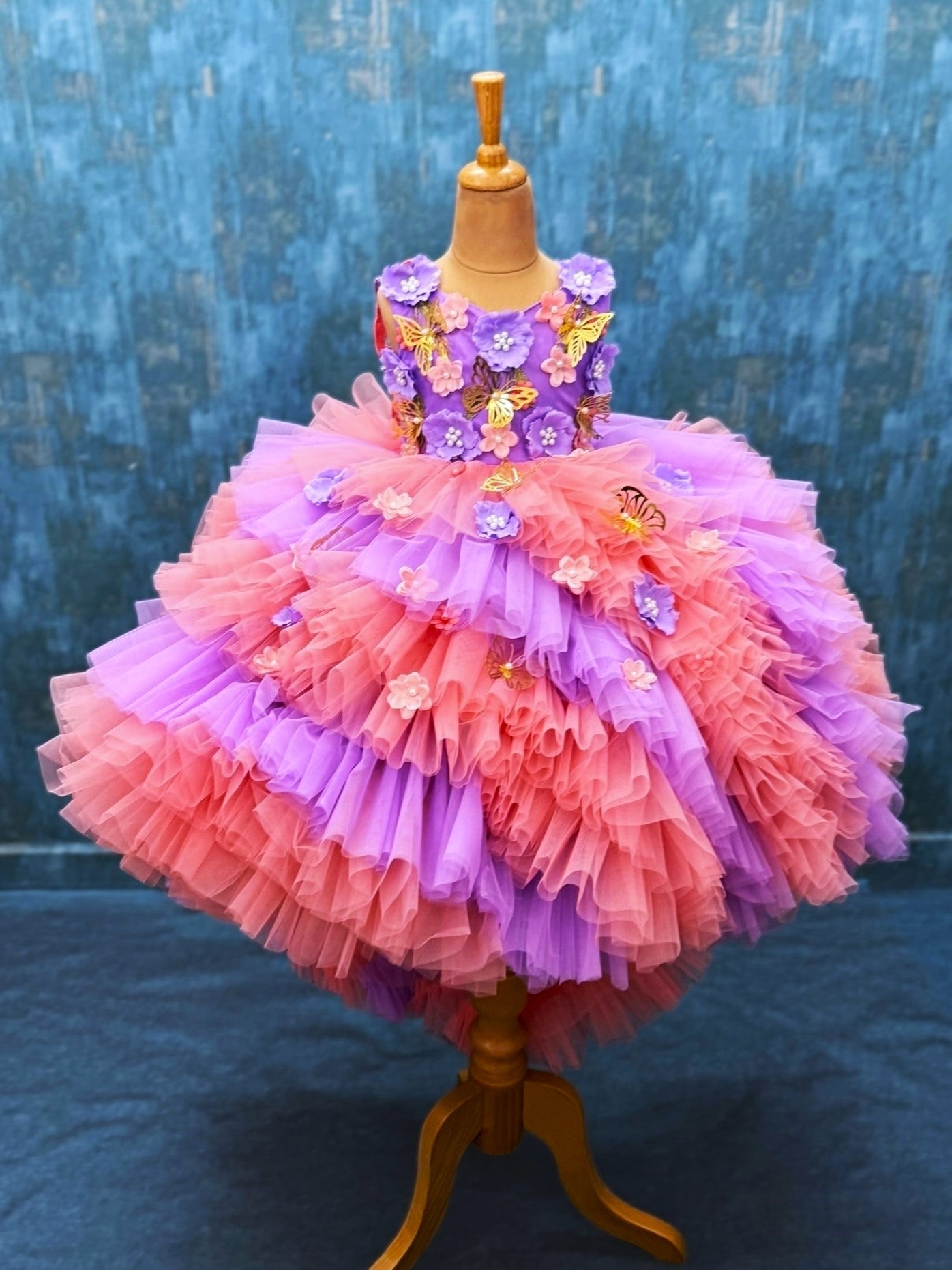 peach and lavender ruffle floral ball gown with attached trail