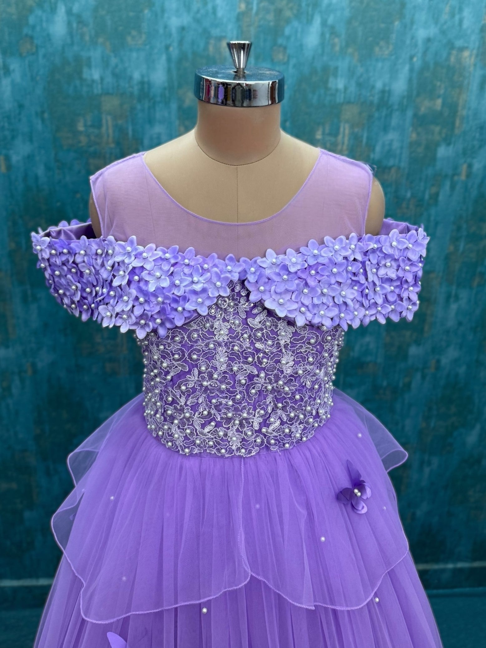 Lilac floral lace and butterfly gown