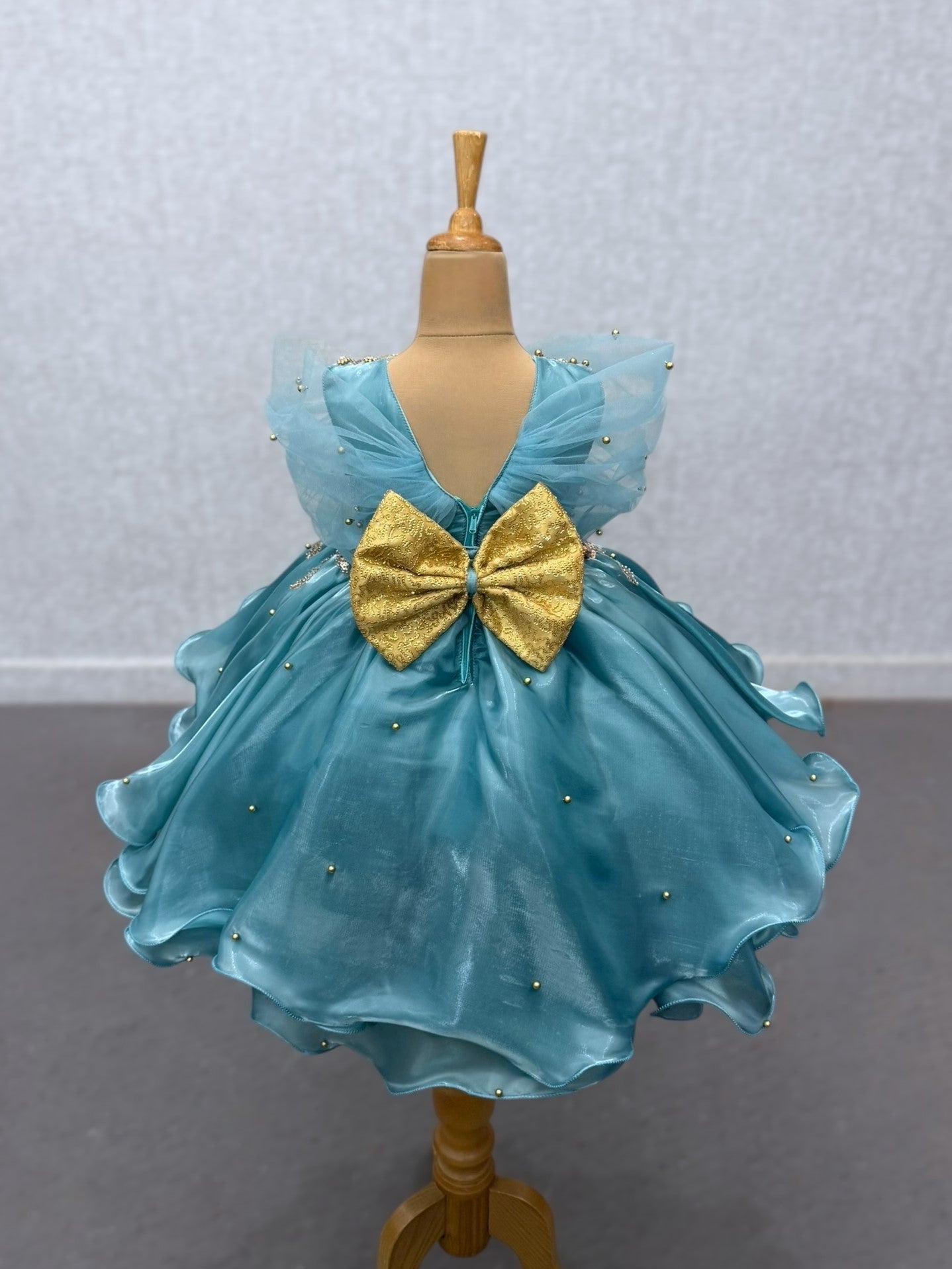 ocean blue Organza Layered Gown with Gold work