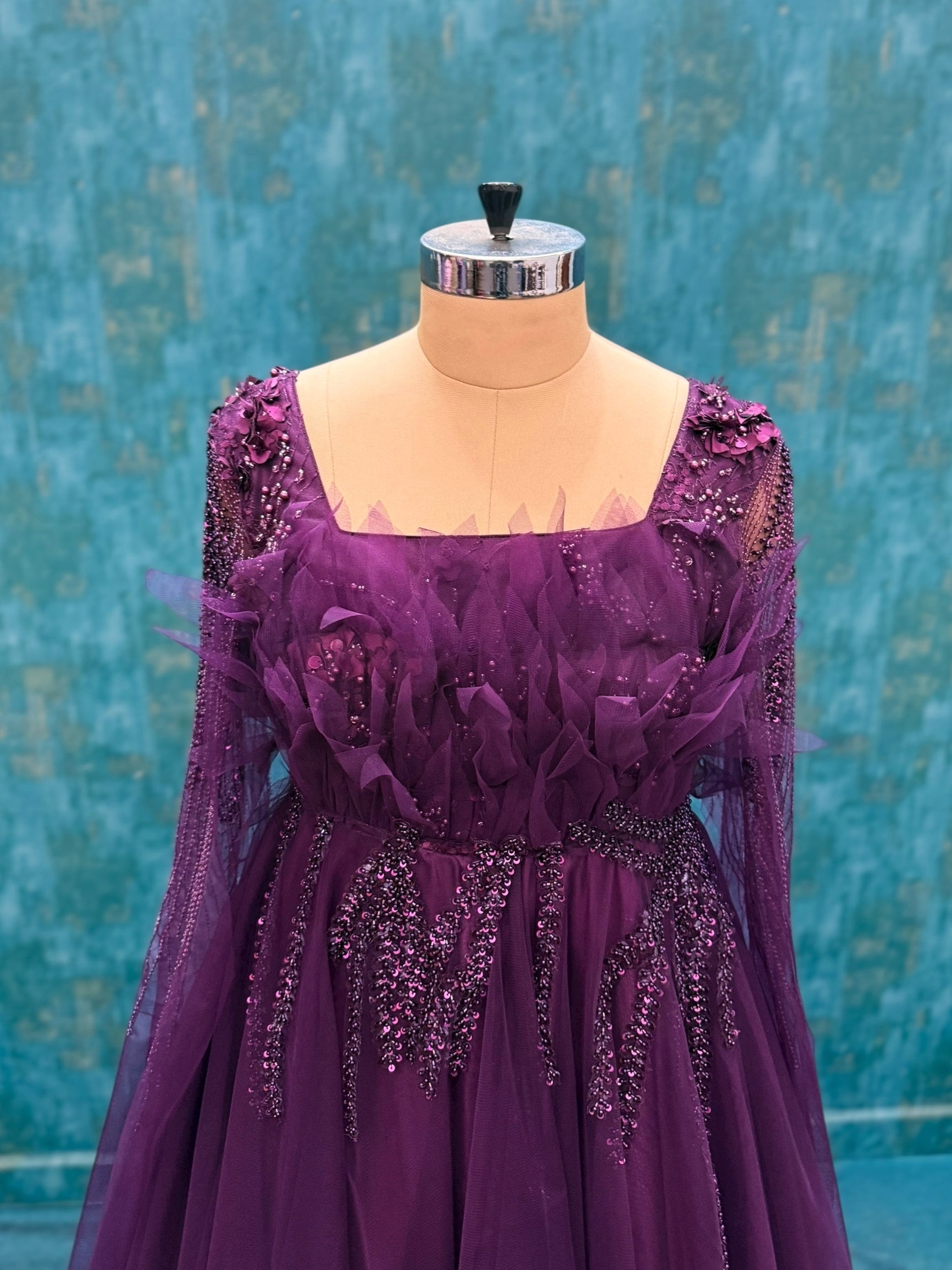 Wine hand embroidered gown with flowing sleeves