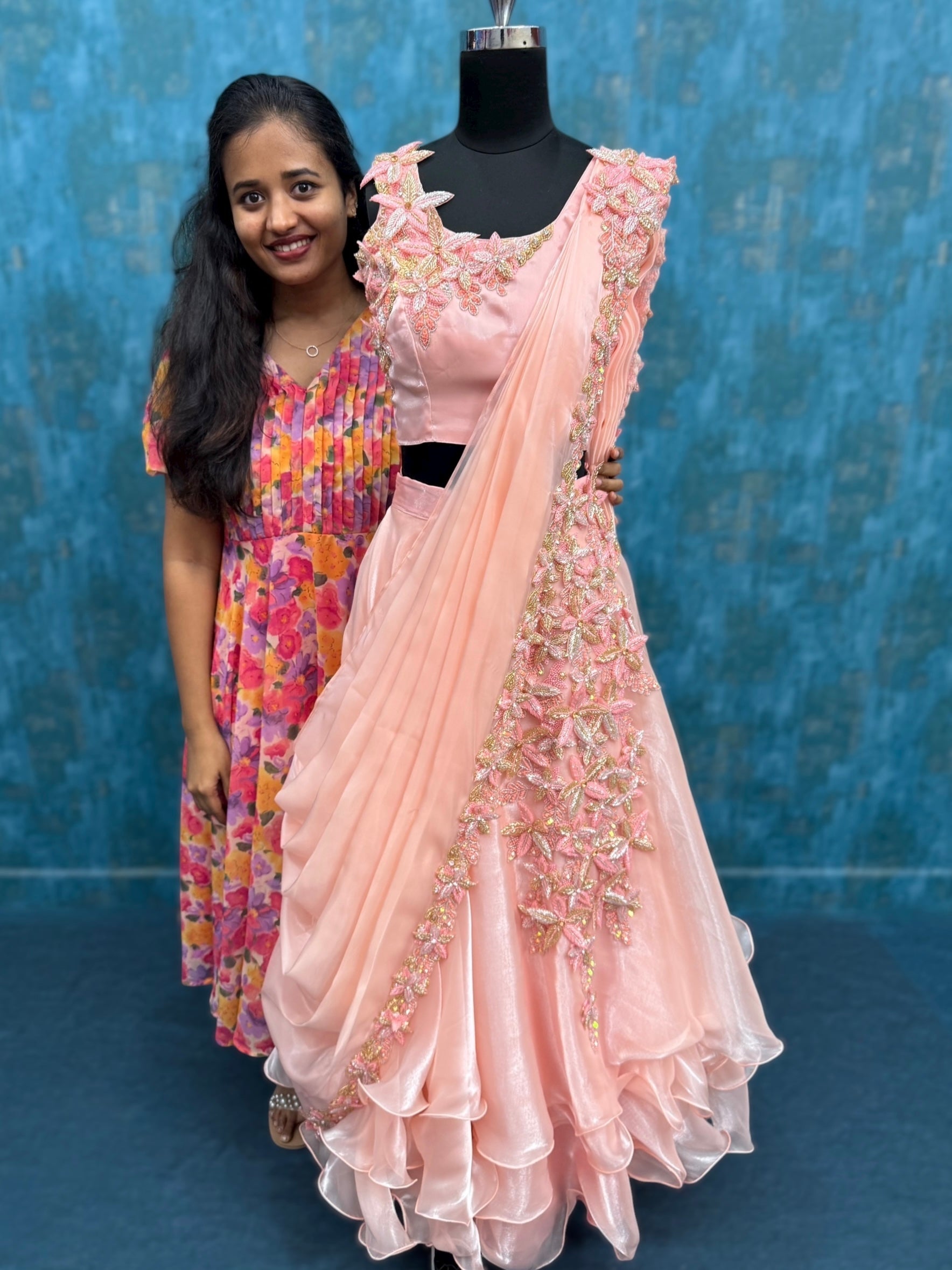 3D Embossed floral Sleeveless Lehenga with dupatta