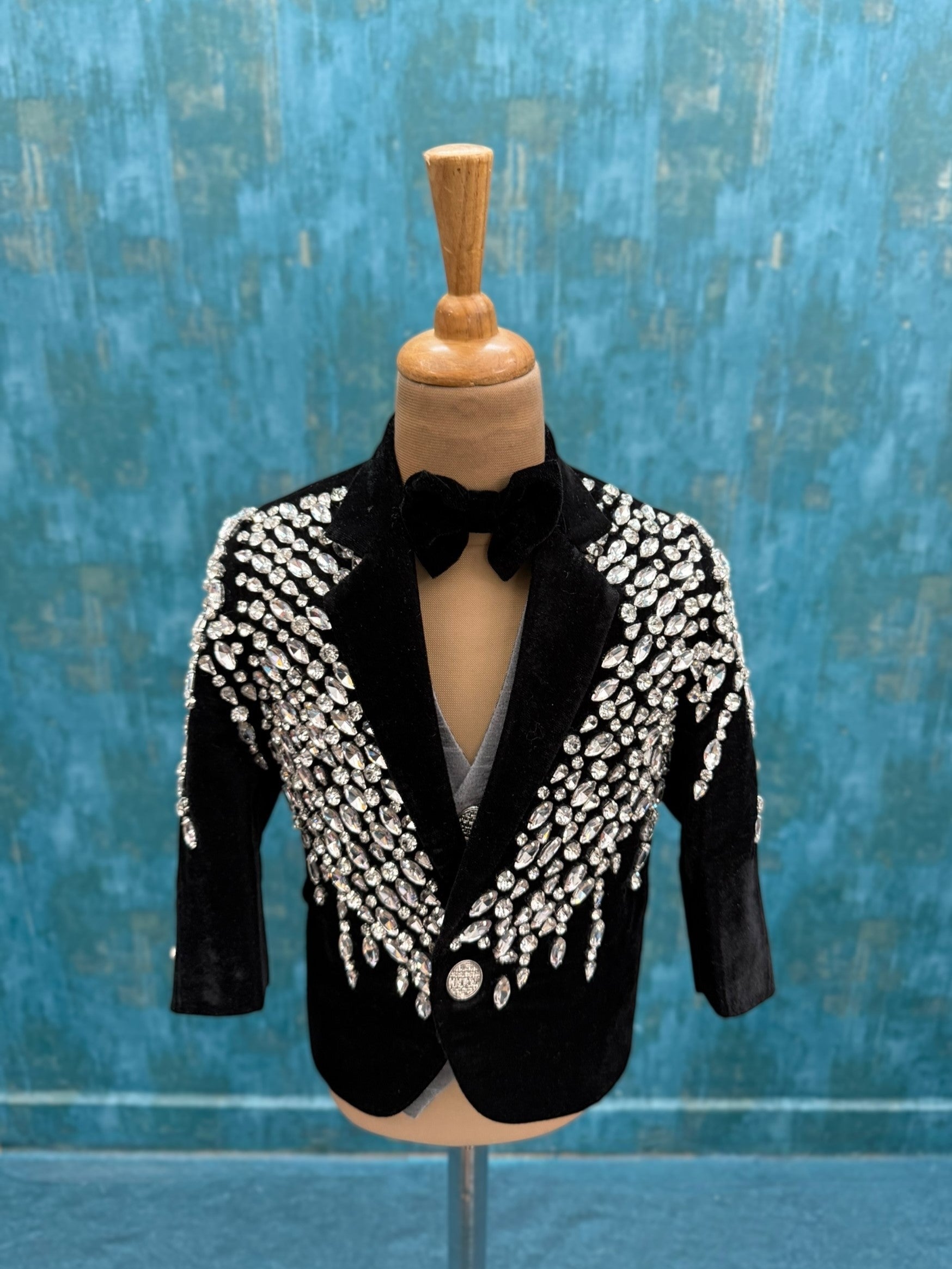 Black Velvet Stardust Blazer Waist coat, Pant and Bow