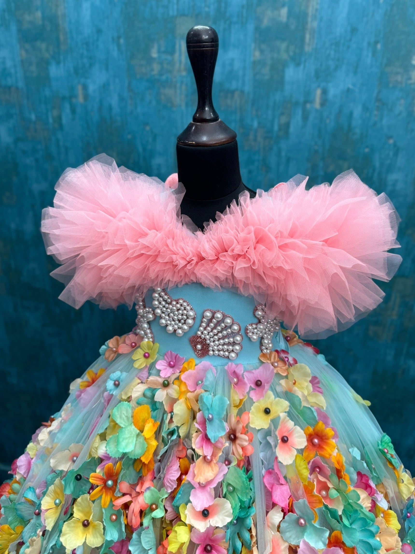 Multi Colour Floral High Low Gown with Pink Ruffle Top And Turquoise Body