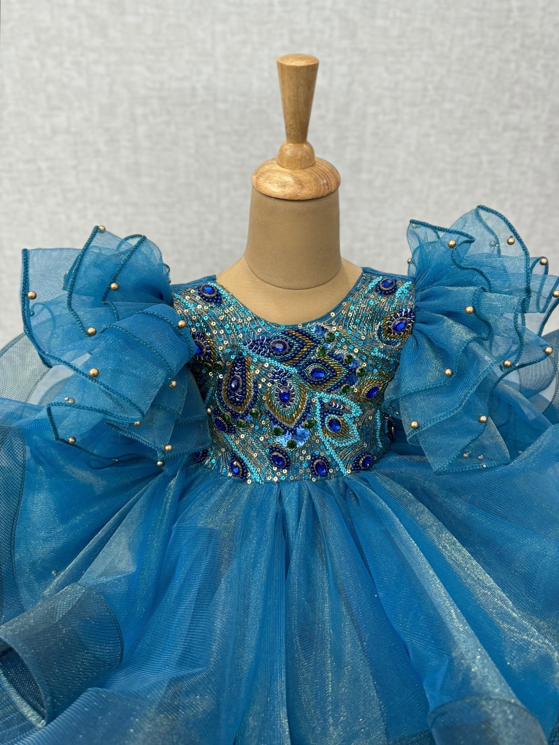 Teal Sapphire Ruffle Dream Couture Gown With Hand Embroidered Bodice