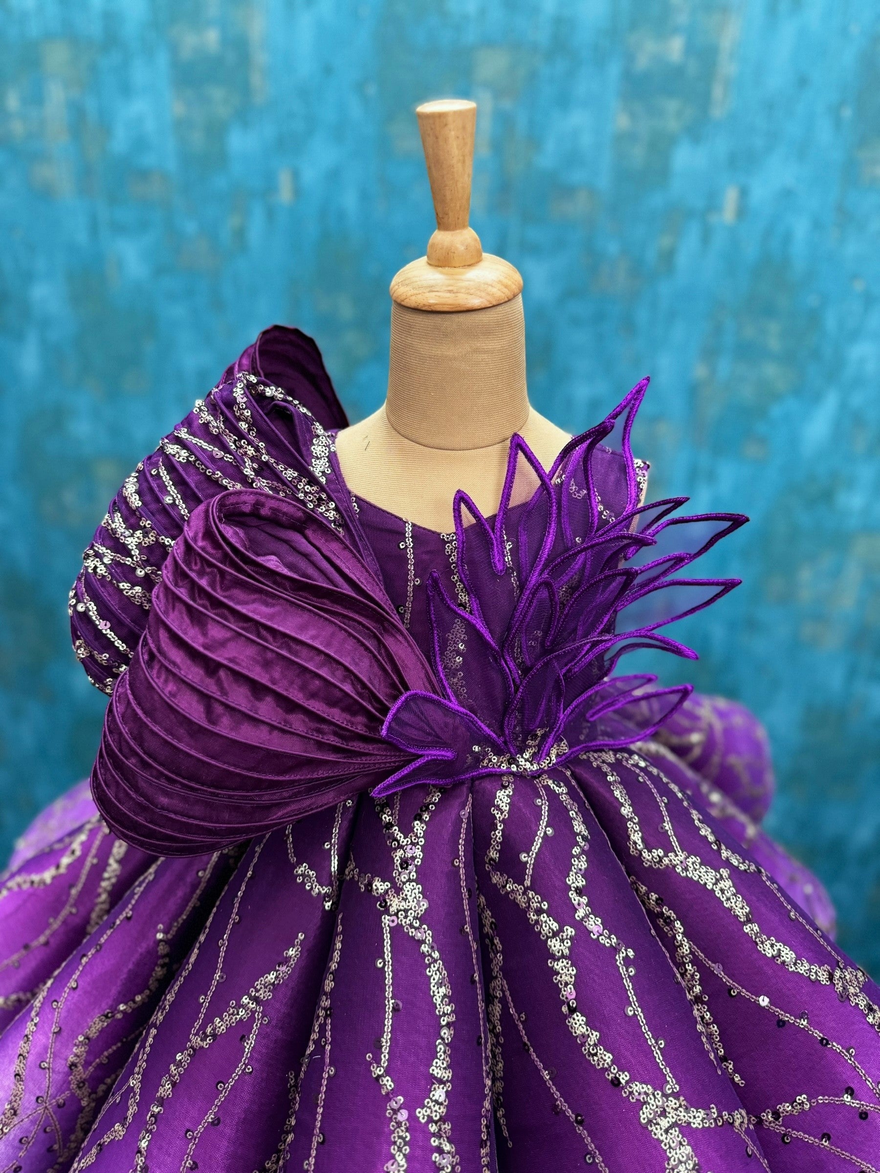 Purple Ombre Structured Panel Ball Gown with Embossing Bows and Hand Embroidered Petals
