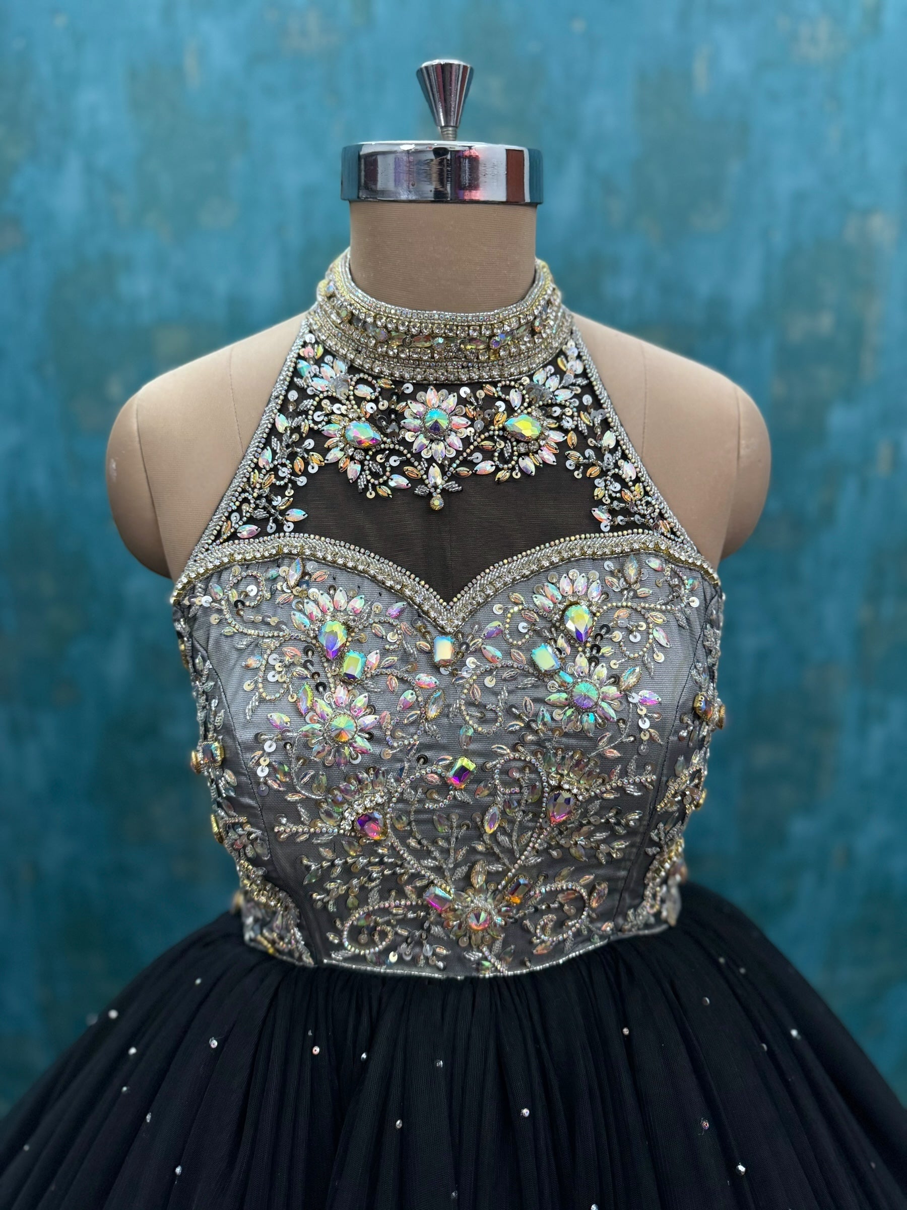Midnight Star Luxe Obsidian Crystal Halter Princess Ball Gown