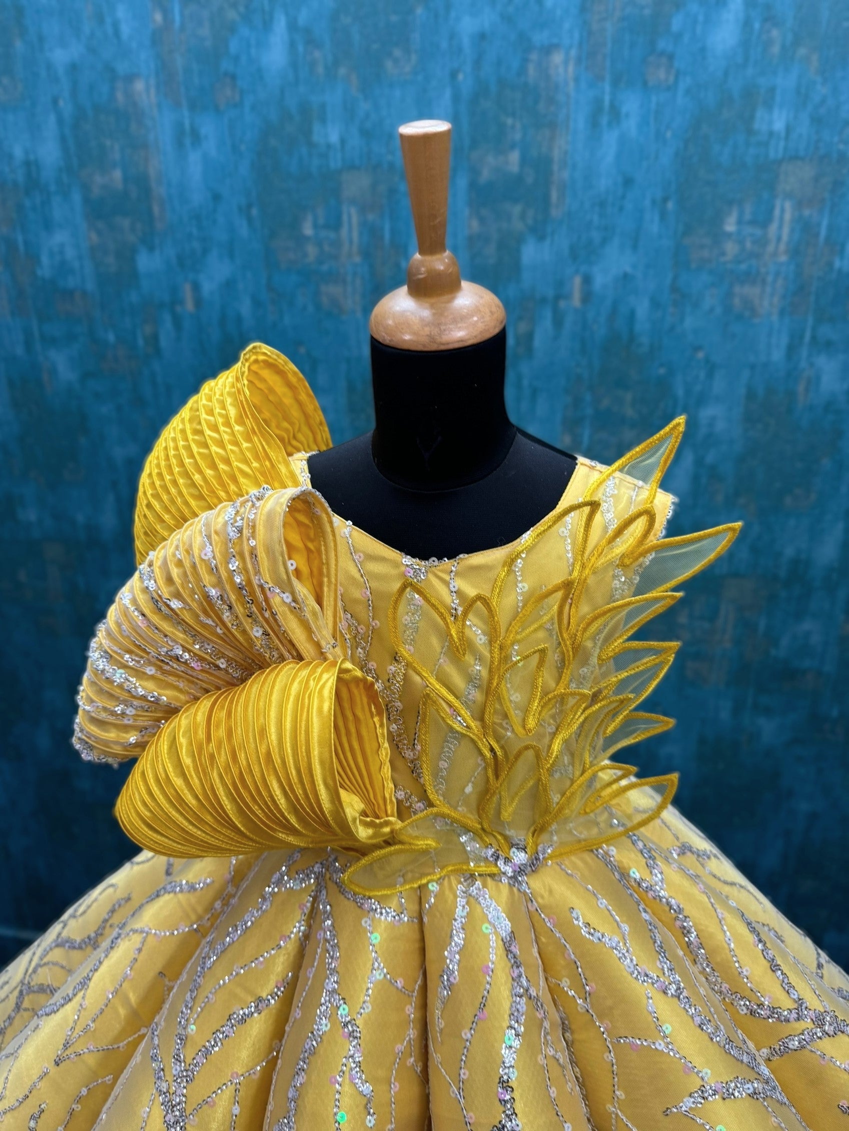 Yellow Structured Panel Ball Gown with Embossing Bows and Hand Embroidered Petals