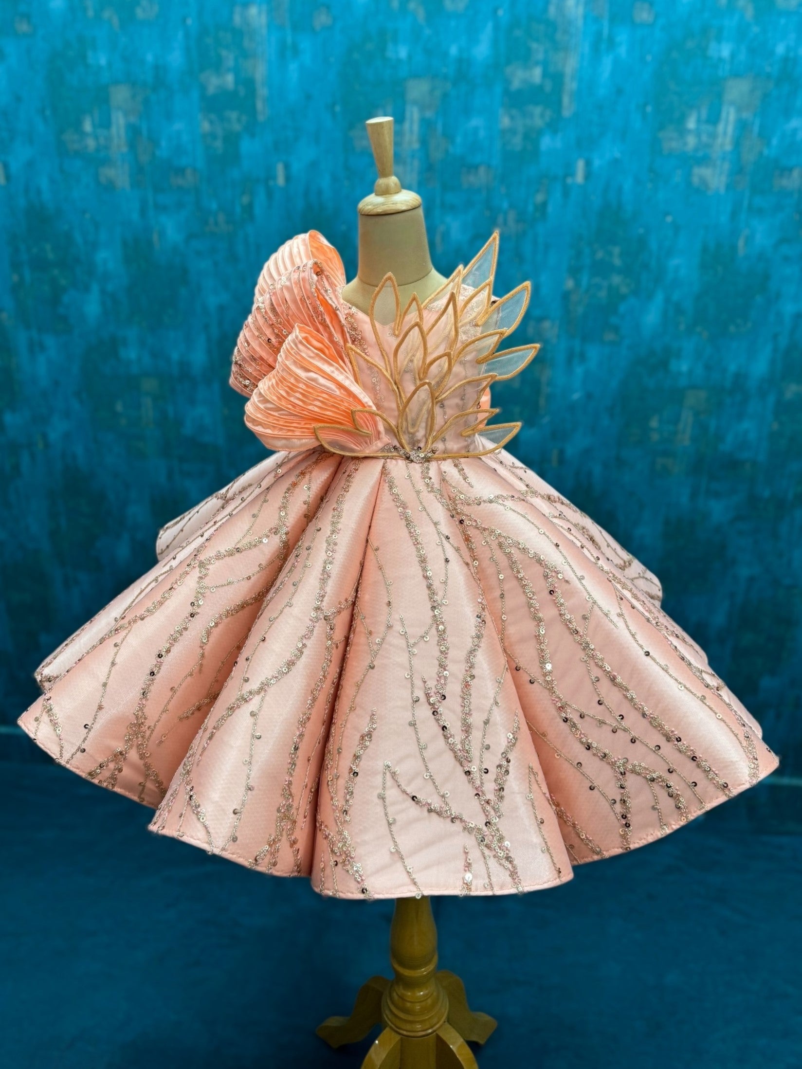 Orange Structured Panel Ball Gown with Embossing Bows and Hand Embroidered Petals