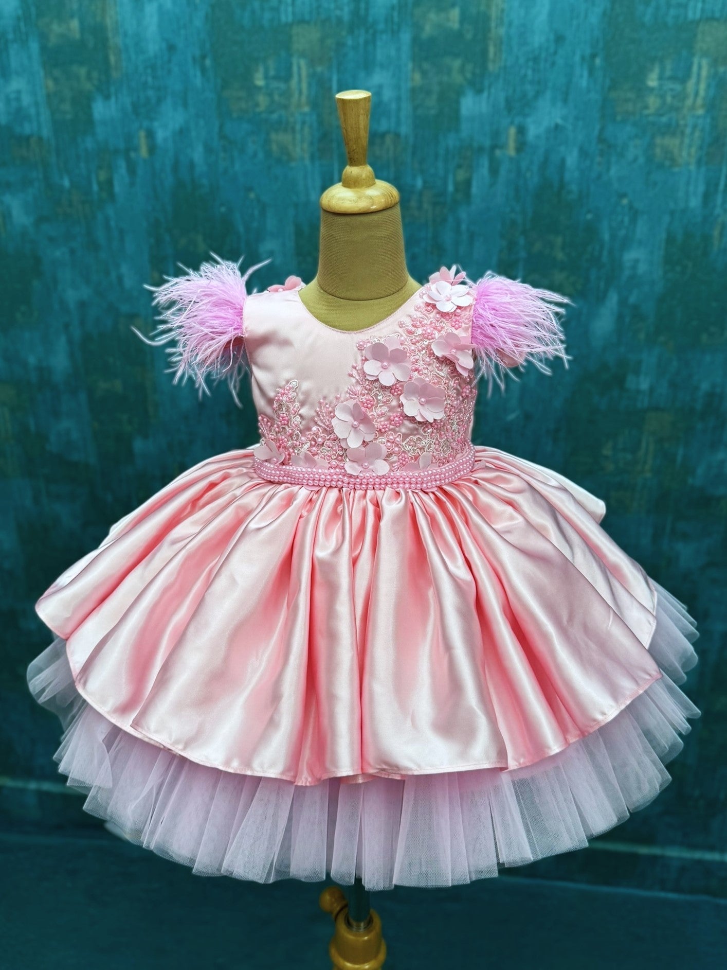 Rosette Cloud Satin Feather-Sleeve Enchanted Princess Party Gown