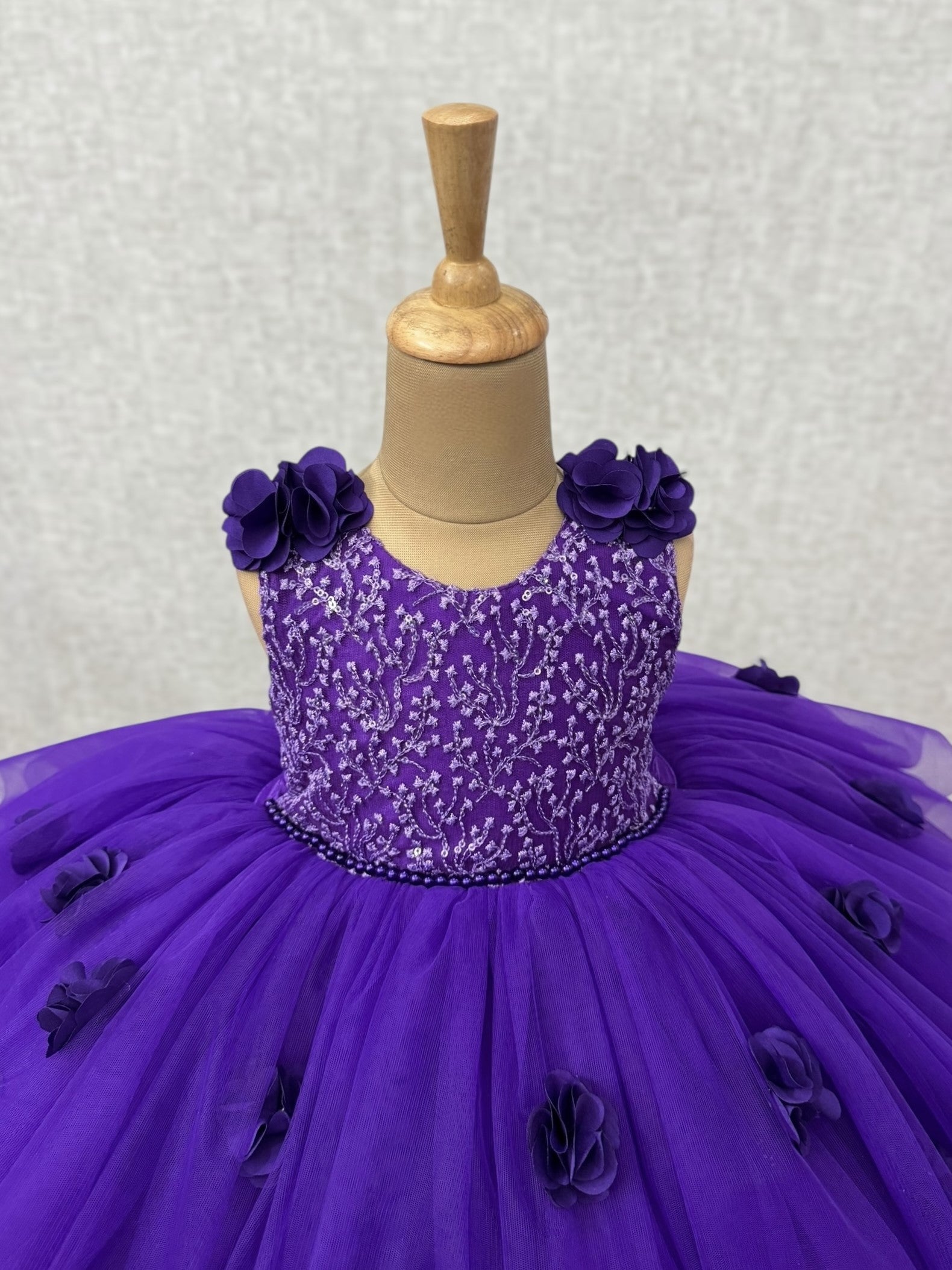 3D Flower Appliqué and Hand-Embellished Vine work Bodice Tulle Princess Dress