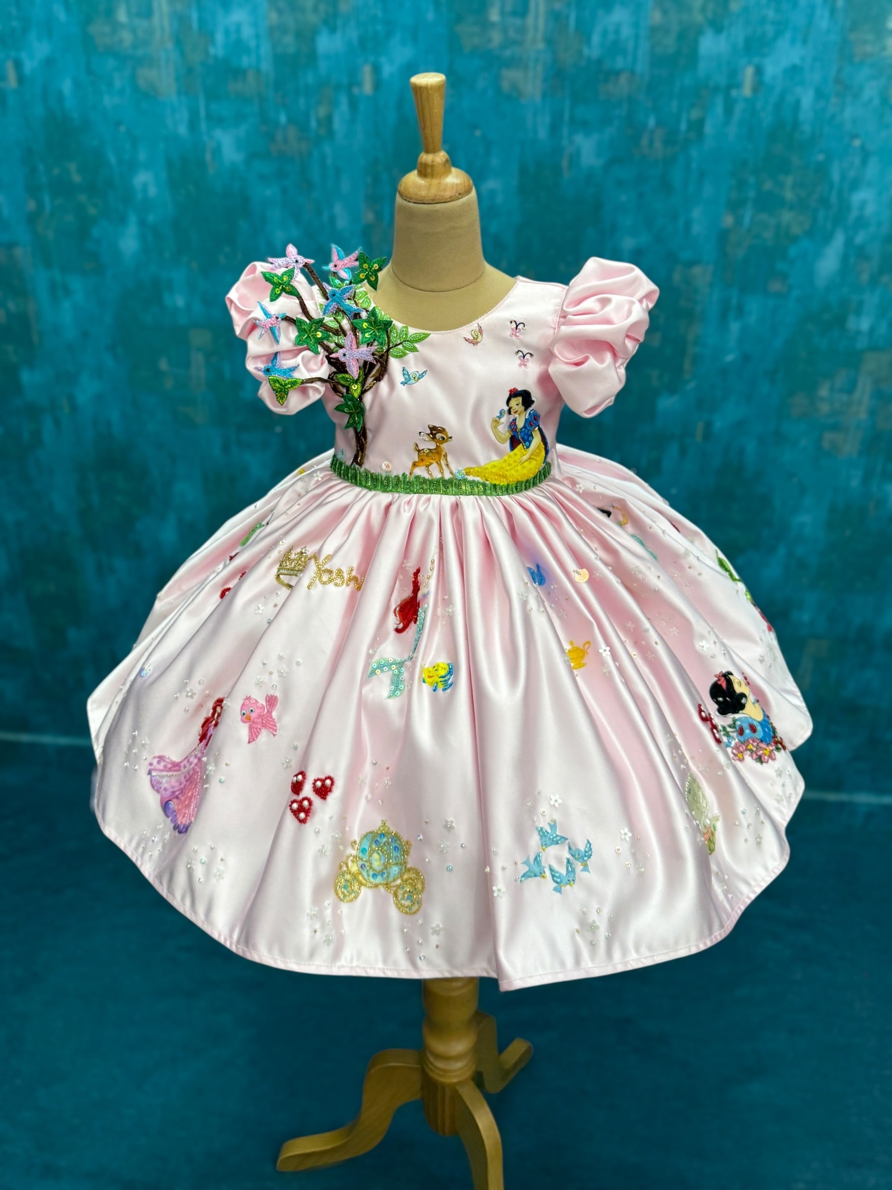 custom princess dress Disney Fairy Tale Hand-Embroidered Character Ball Gown 9-10Y creating the full silhouette Pink Mother Daughter Matching orange & black tiger print rhythm dress Cut:M