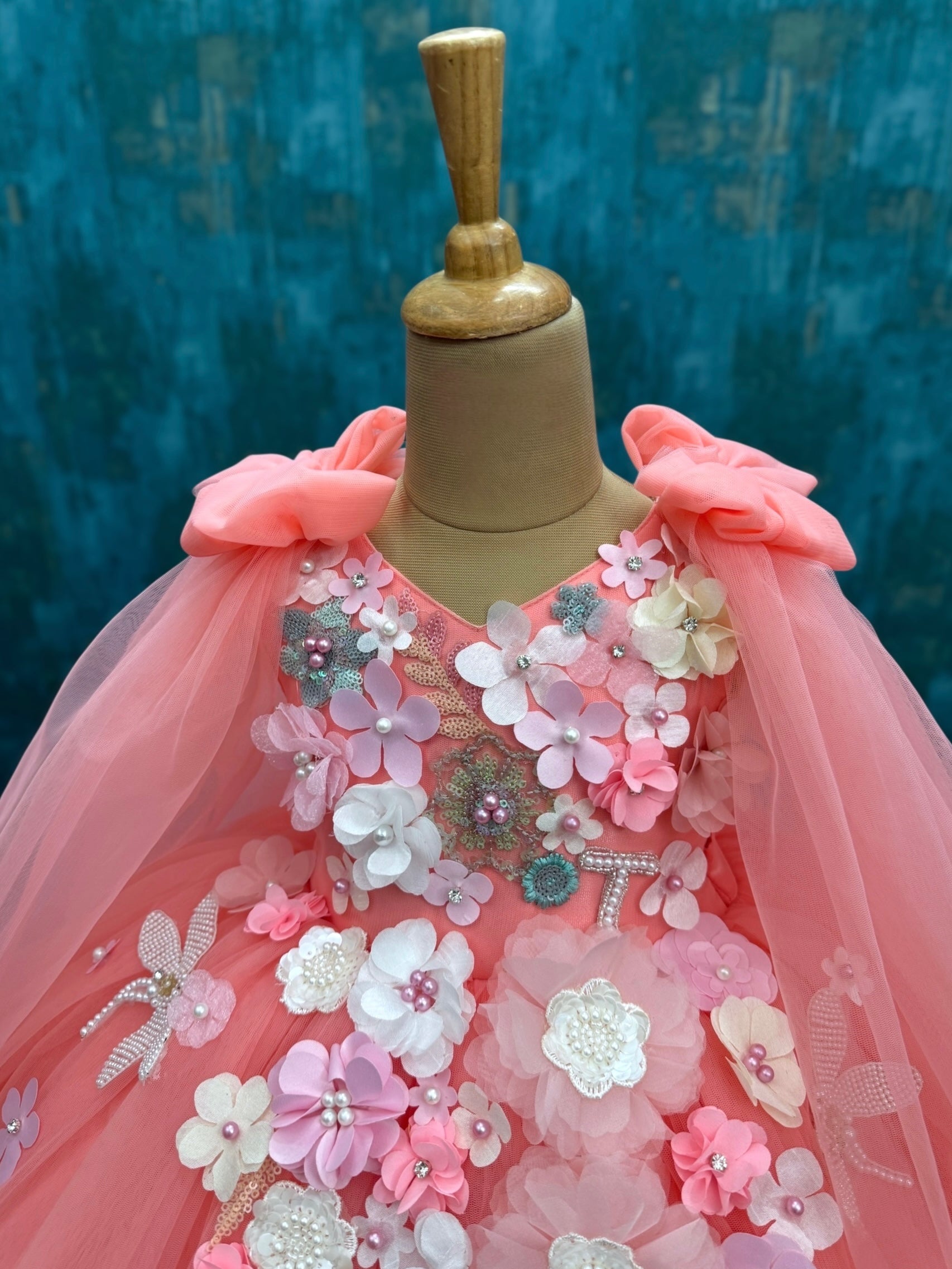 Soft Coral Petal fall Butterfly Fantasy Floral Couture Celebration Dress