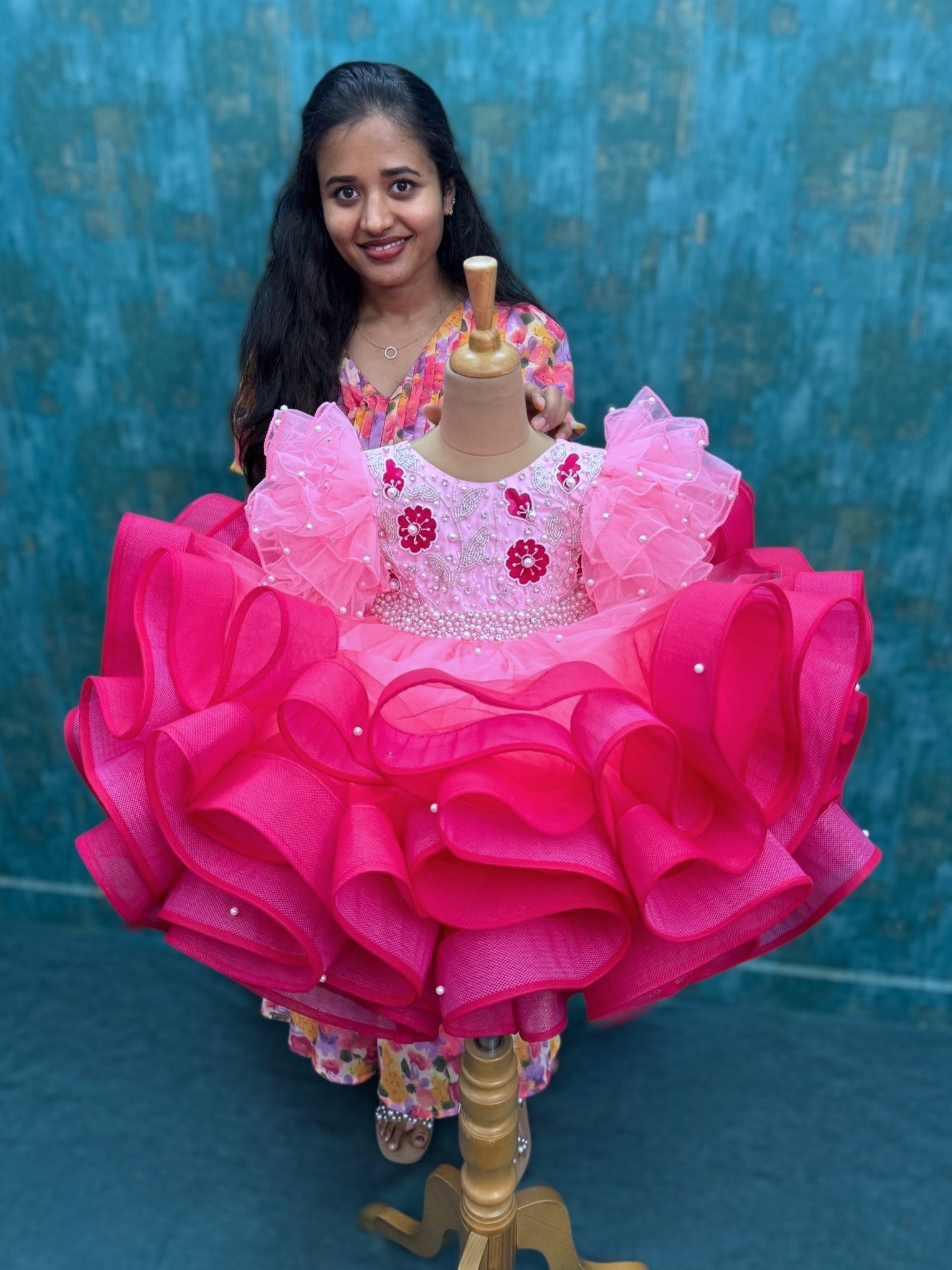 First Birthday Dress Online, Hot Pink Floral Pearl Ruffle Dress