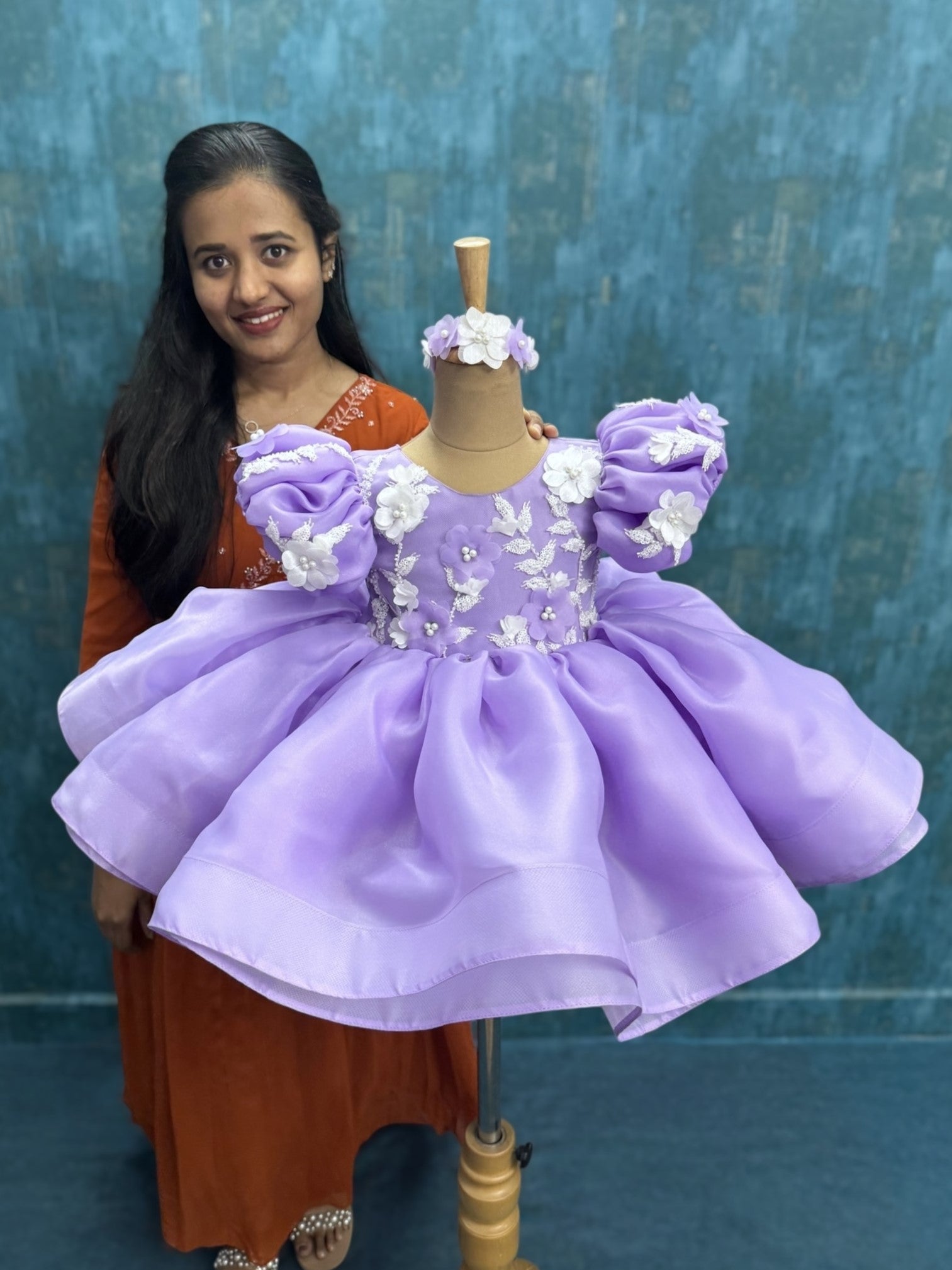 Lavender Fluffy Organza knee Length Gown