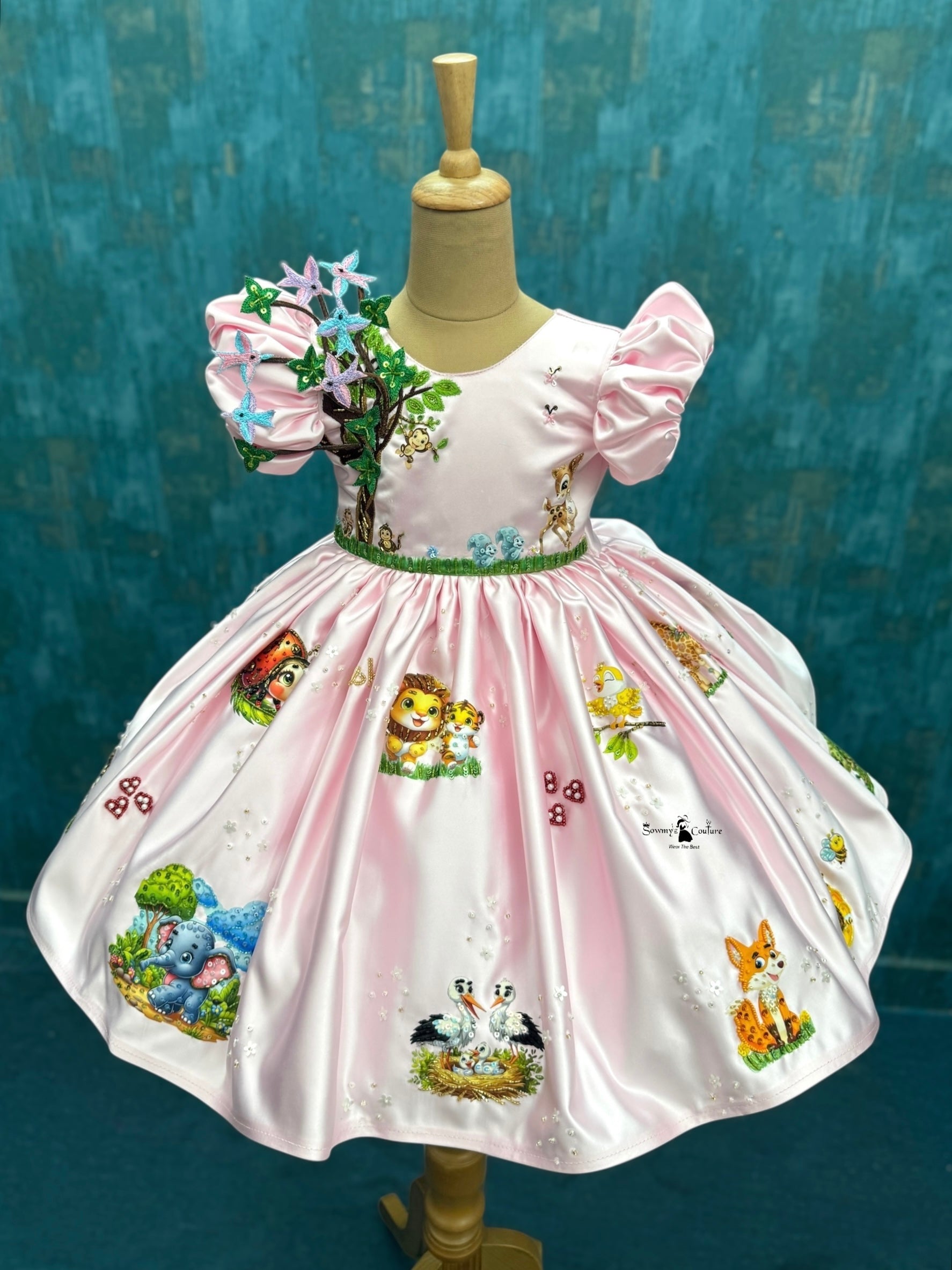 Designer Kids Clothes For Girls Online, Pink Satin Dress with 3D Florals
