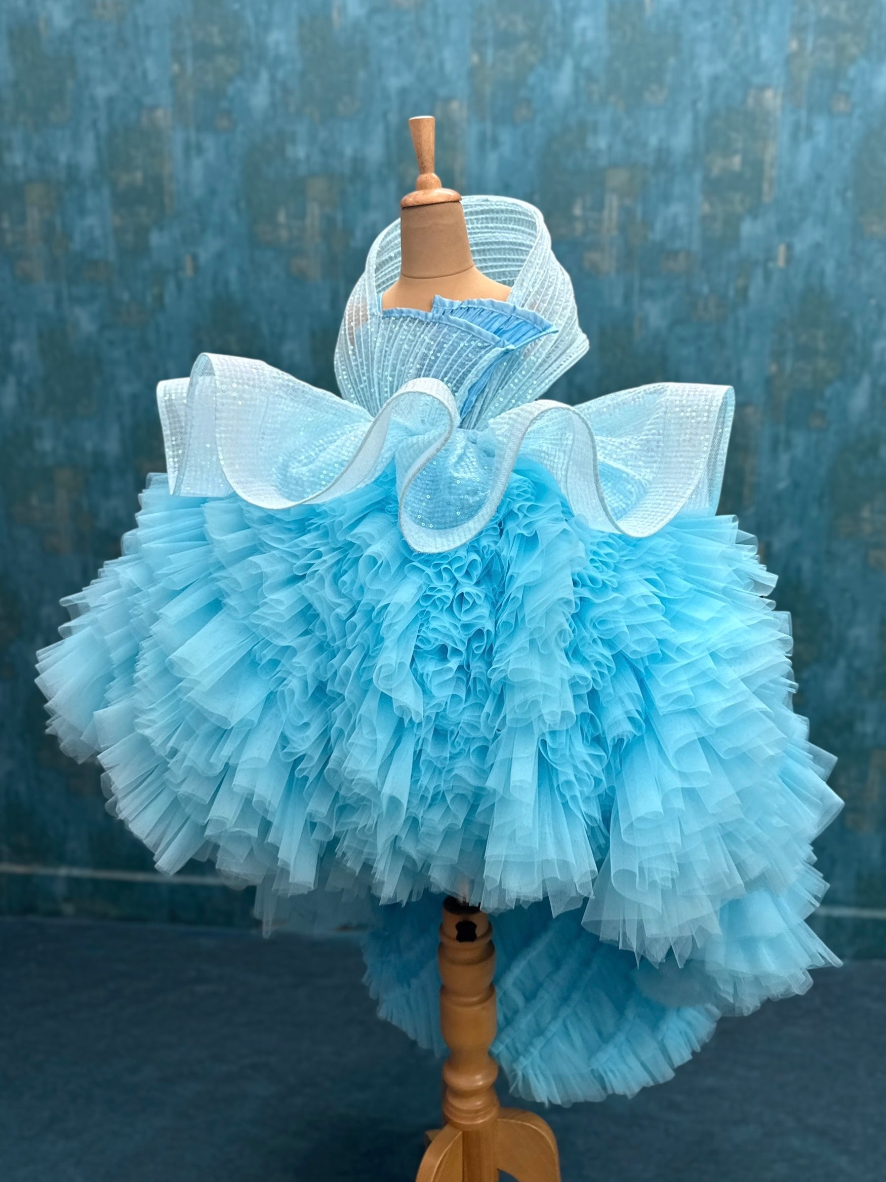 Couture Dresses Online, Sky Blue Couture Ruffled Pageant Dress