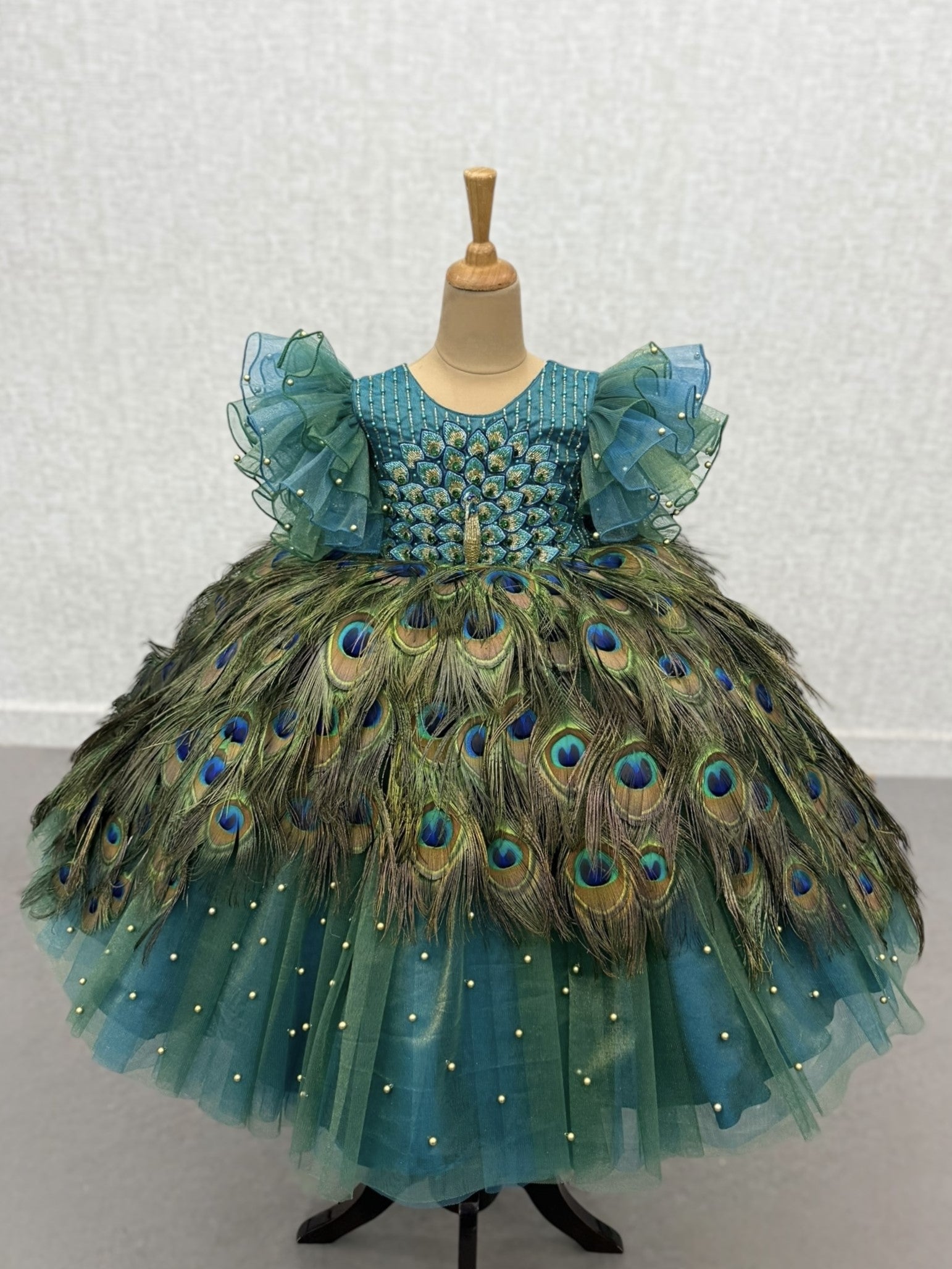 dress with peacock design Teal Morpankhi Majesty Hand-Embellished Princess Dress, 0-6M