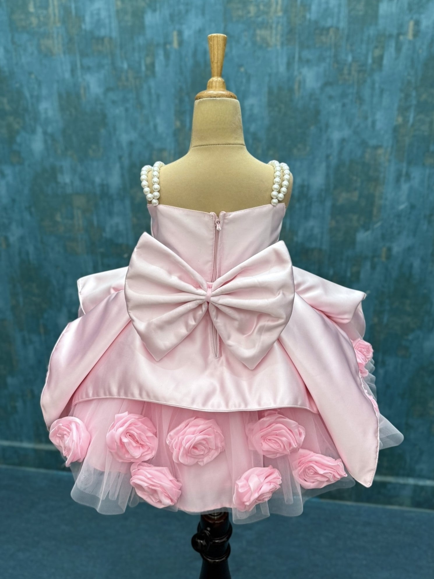 Princess-Style Pink Rose Embellished Special Occasion Dress with Double Pearl Shoulder Straps