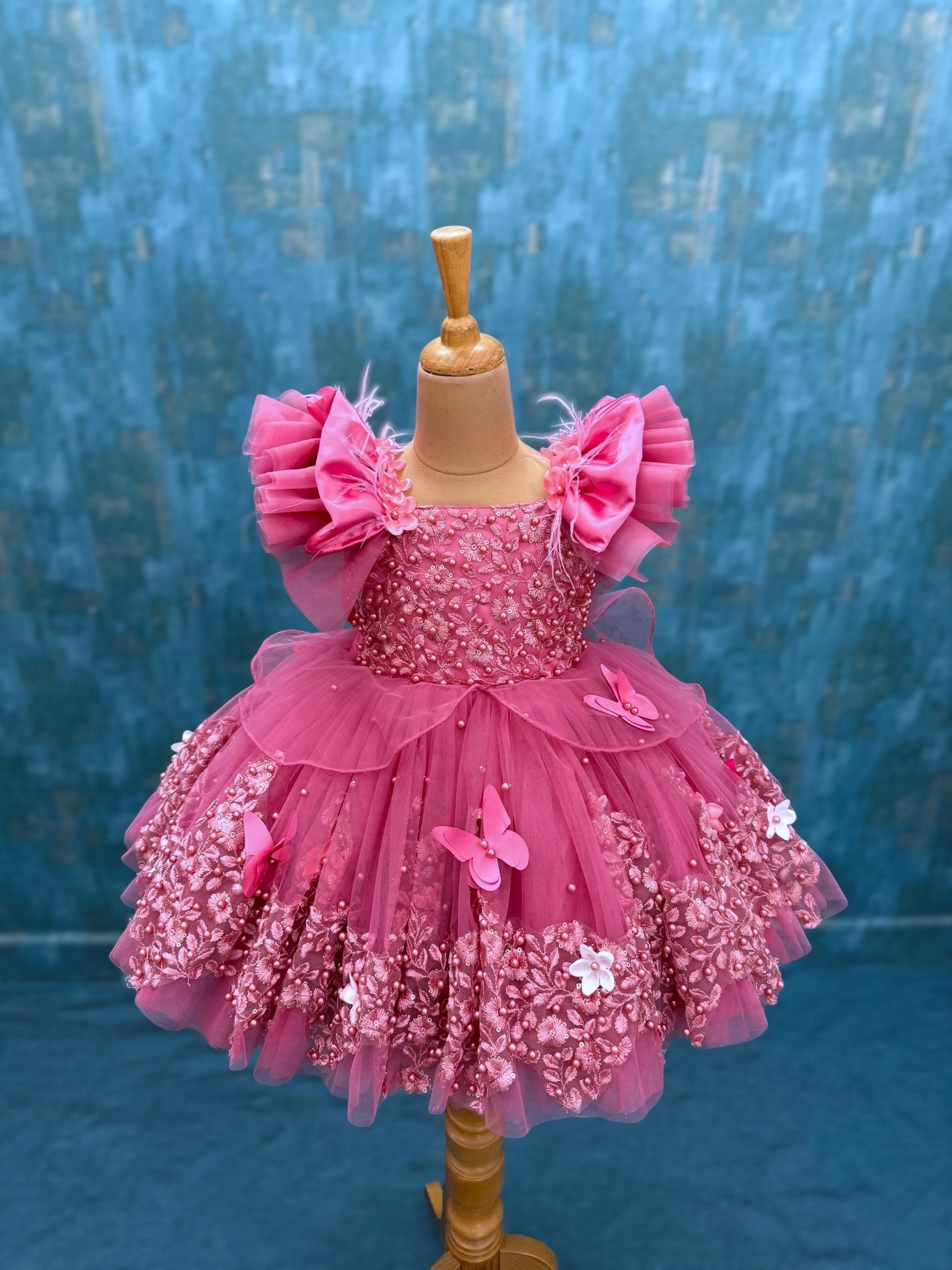 dusty rose pink lace and pearl gown