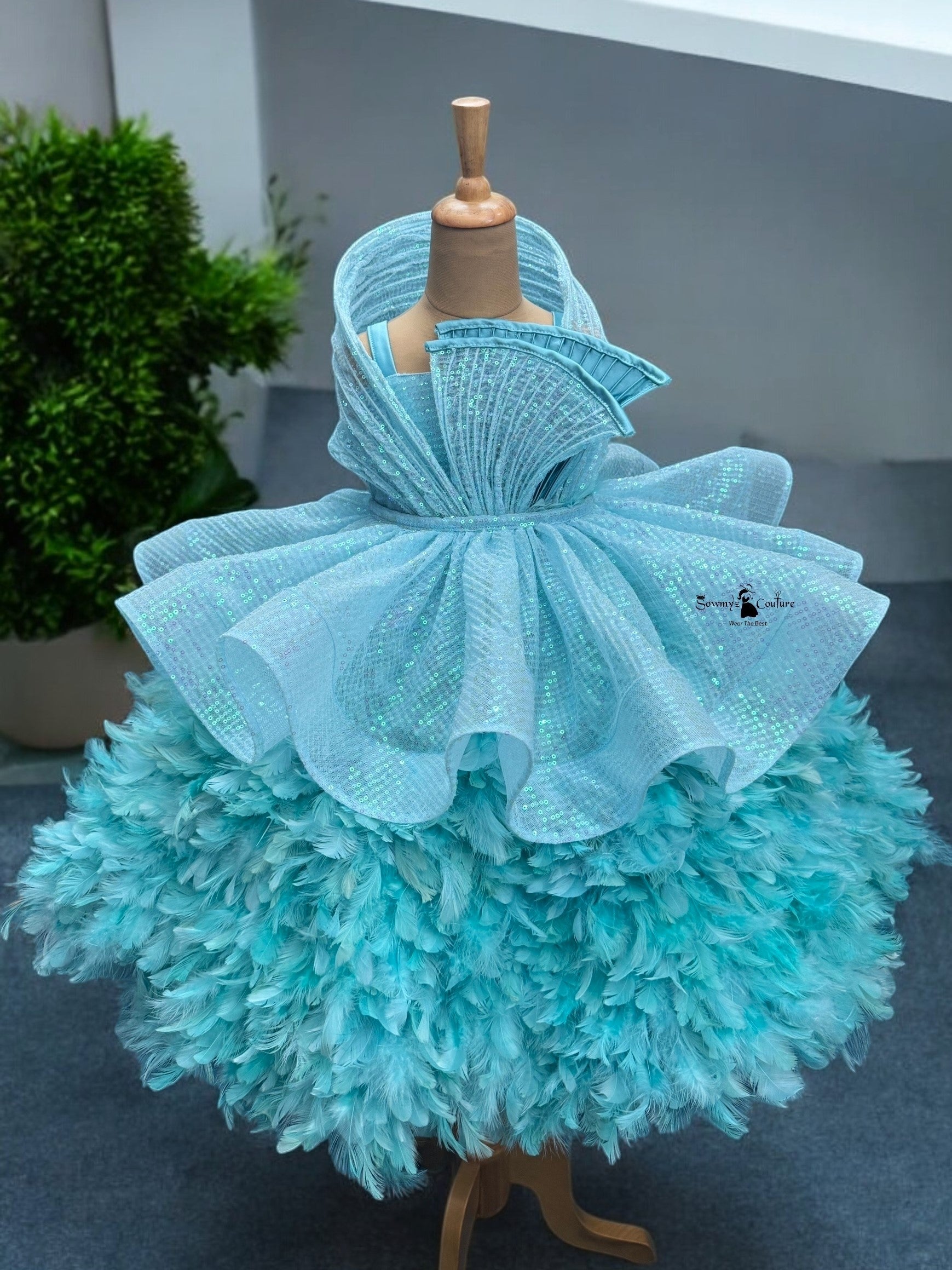 Aqua Mist Feather-Structured Sequin Layered Princess Ball Gown