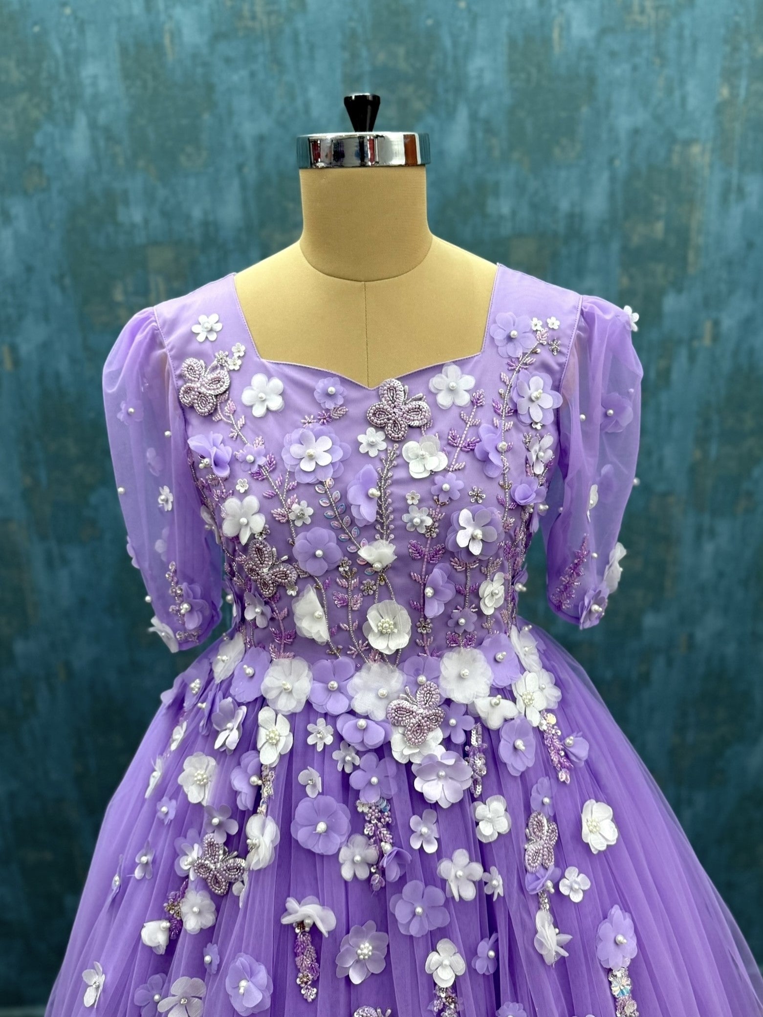 Lavender Floral Ball Gown with Intricate Hand work