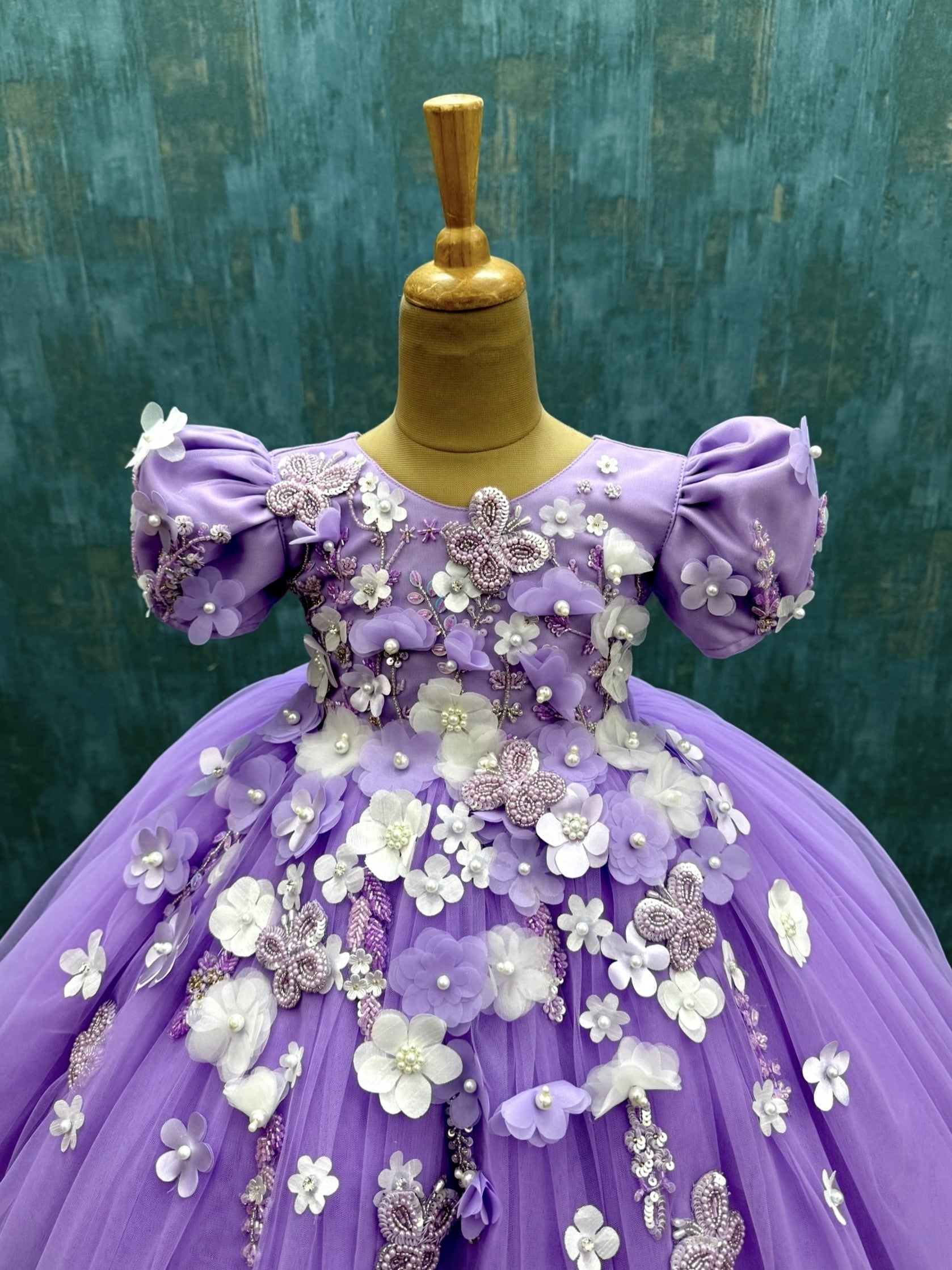 Lavender 3D floral ball gown with intricate work