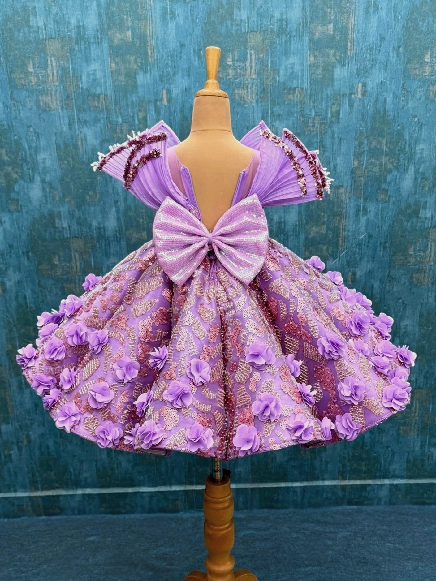 Lavender and Pink Structure Panel Ball Gown With 3D Flowers